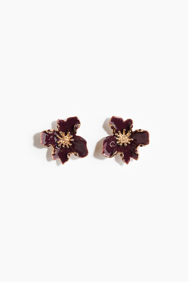 Flower-shaped earrings - Gold-coloured/Burgundy/Gold-coloured/Dark brown - 1