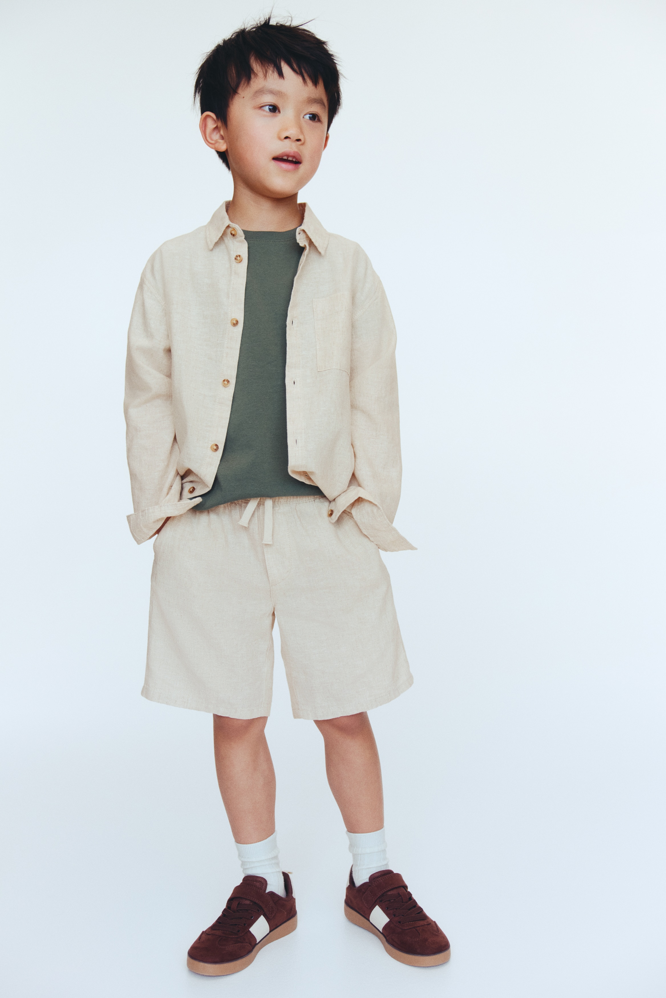 Βερμούδα από σύμμεικτο λινό με κορδόνι - Ανοιχτό μπεζ