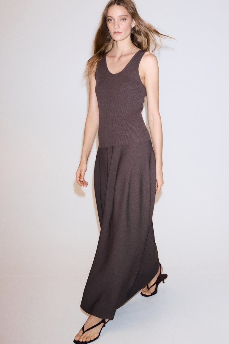 hm knit dress Women's Light beige melange Maxi long raglan sleeves Women's Dark brown Rib-Knit Dress