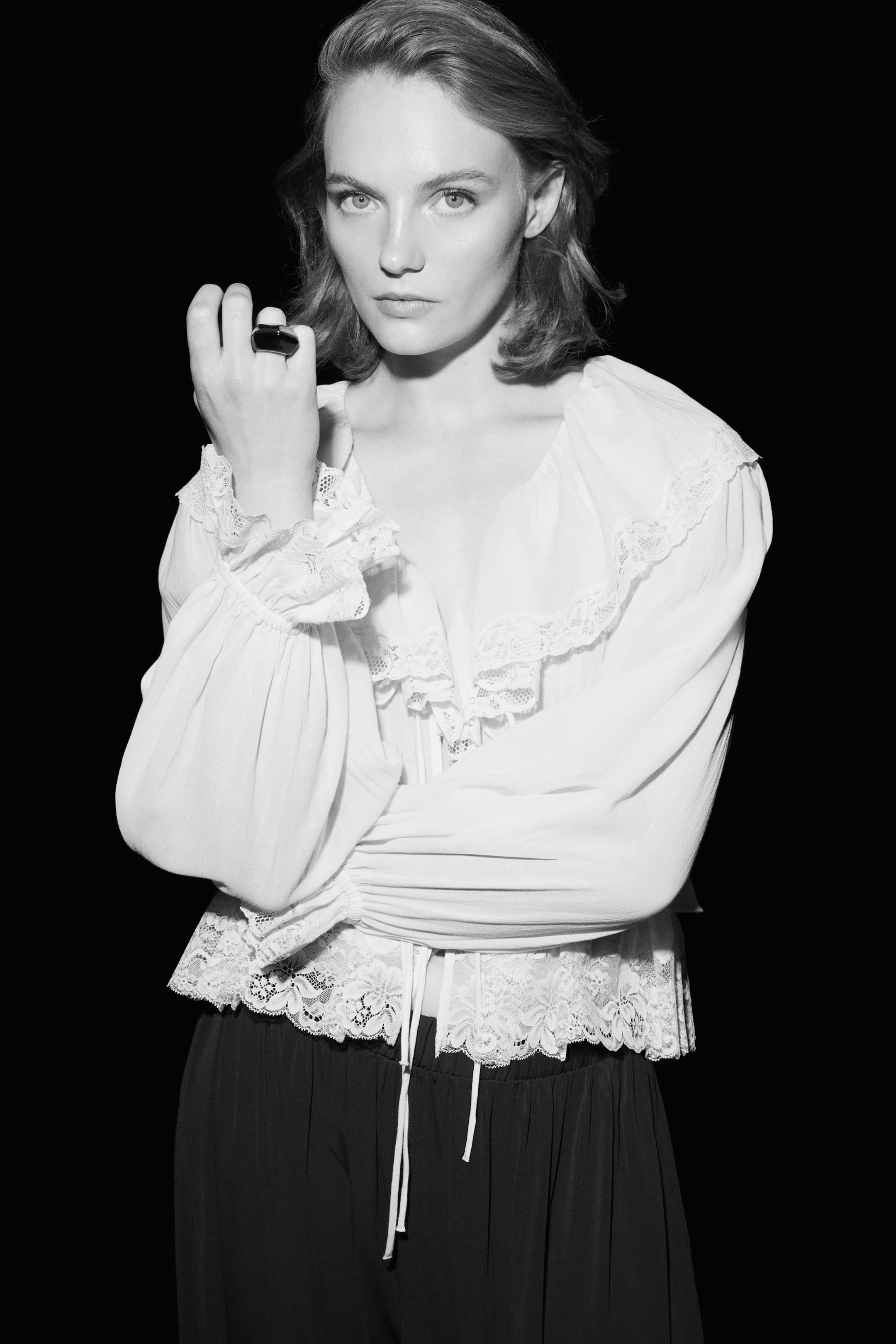 Lace-Trimmed Tie-Front Blouse