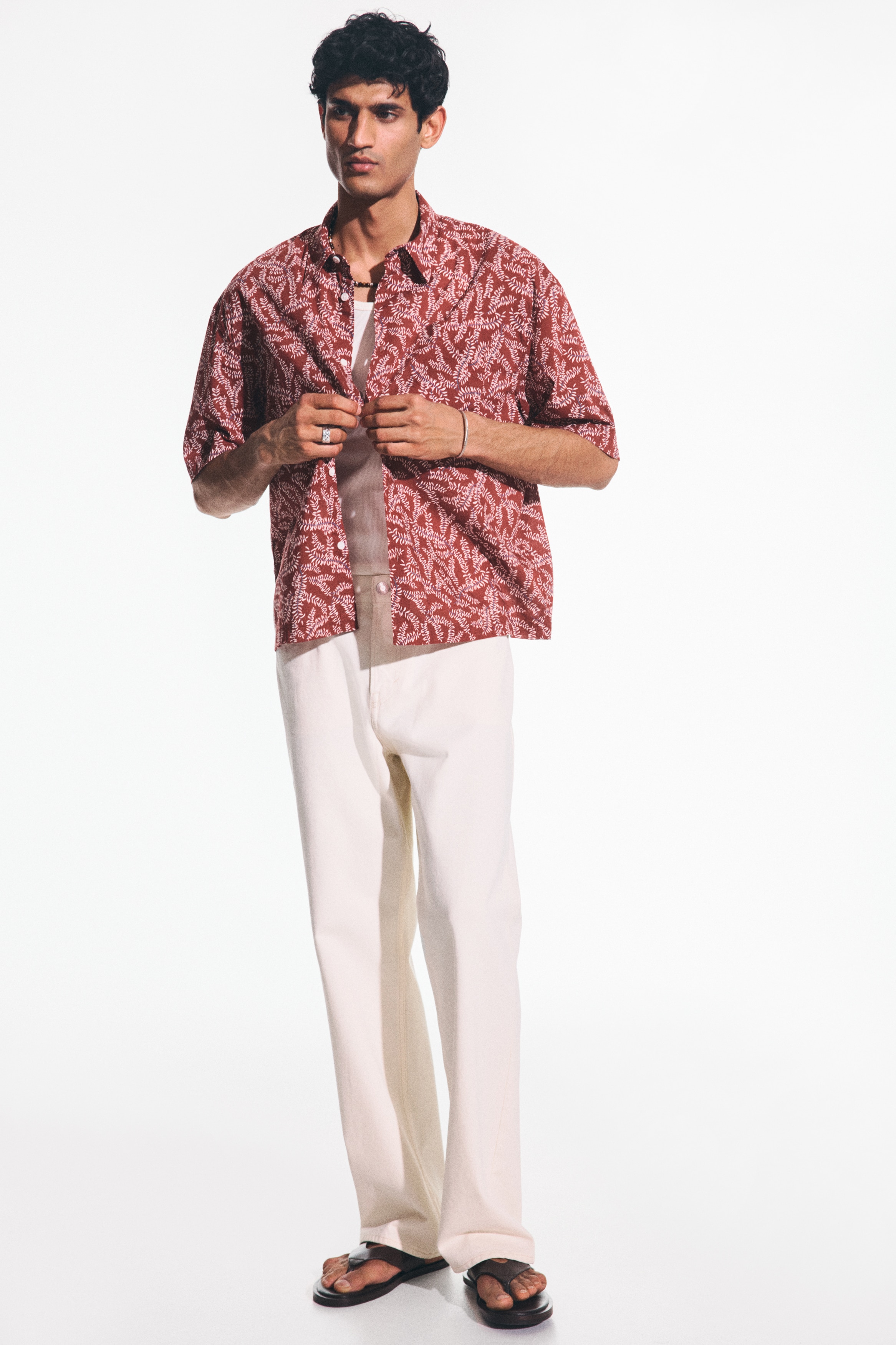 Relaxed Fit Short-sleeved cotton shirt - Dark red/Patterned/Light blue/Patterned