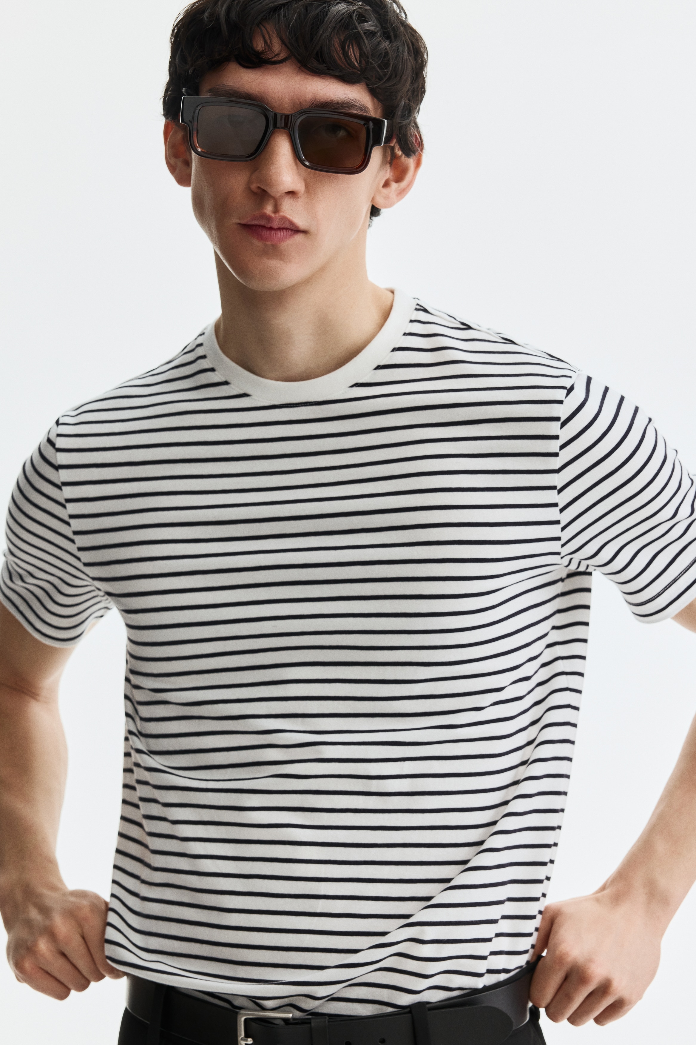 Slim Fit T-shirt - White/black striped/Navy blue/Dark brown/Khaki green/Black/White
