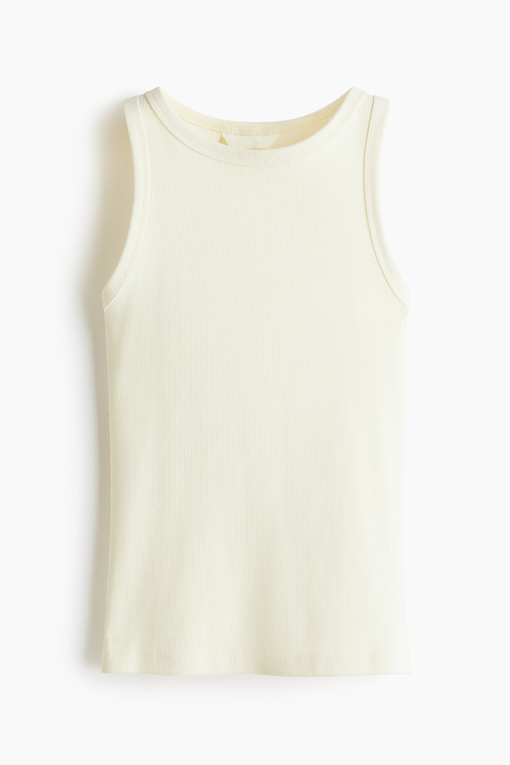 Ver imagem maior: Um top de alças em creme claro apresenta a sua vista frontal, com uma textura de jersey de algodão canelado, uma gola redonda e uma bainha de corte reto.