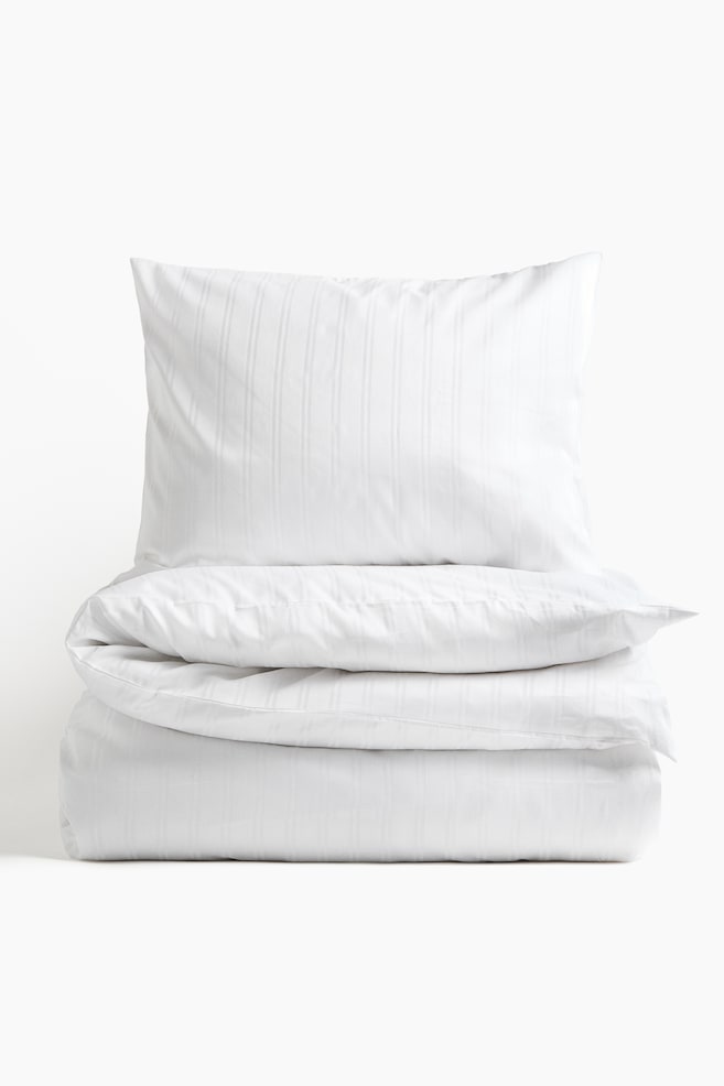 Cotton sateen single duvet cover set - White/Beige - 1