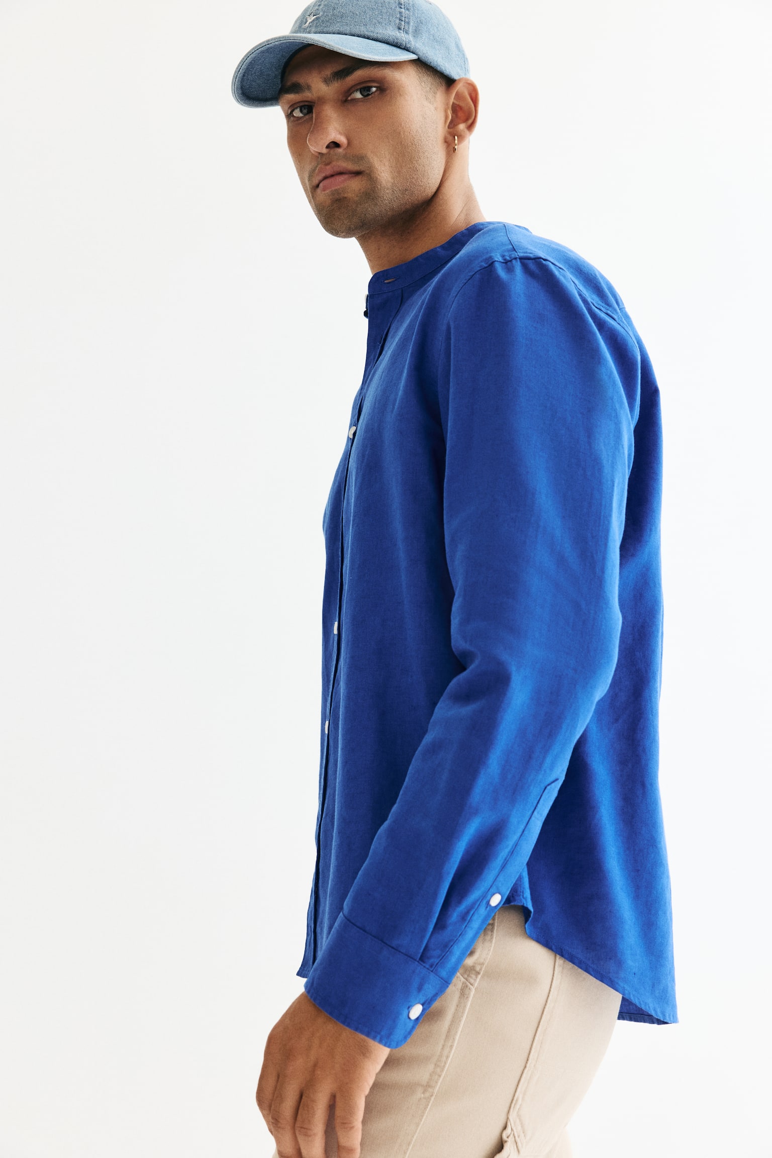 Regular Fit Linen-blend grandad shirt - Bright blue/Dark orange - 5