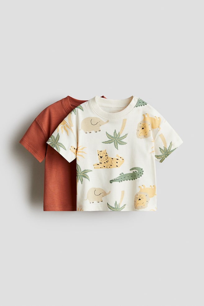 2-pack cotton T-shirts - Light beige/Patterned/Light green/Dinosaurs/Blue/Dogs/Light turquoise/Beach - 1