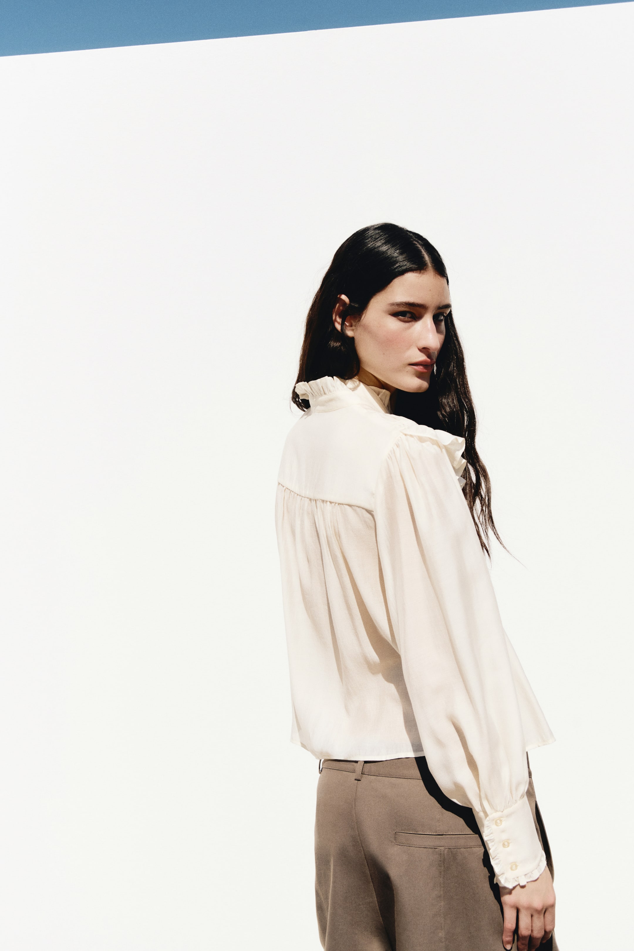 Ruffle-Trimmed Tie-Neck Blouse