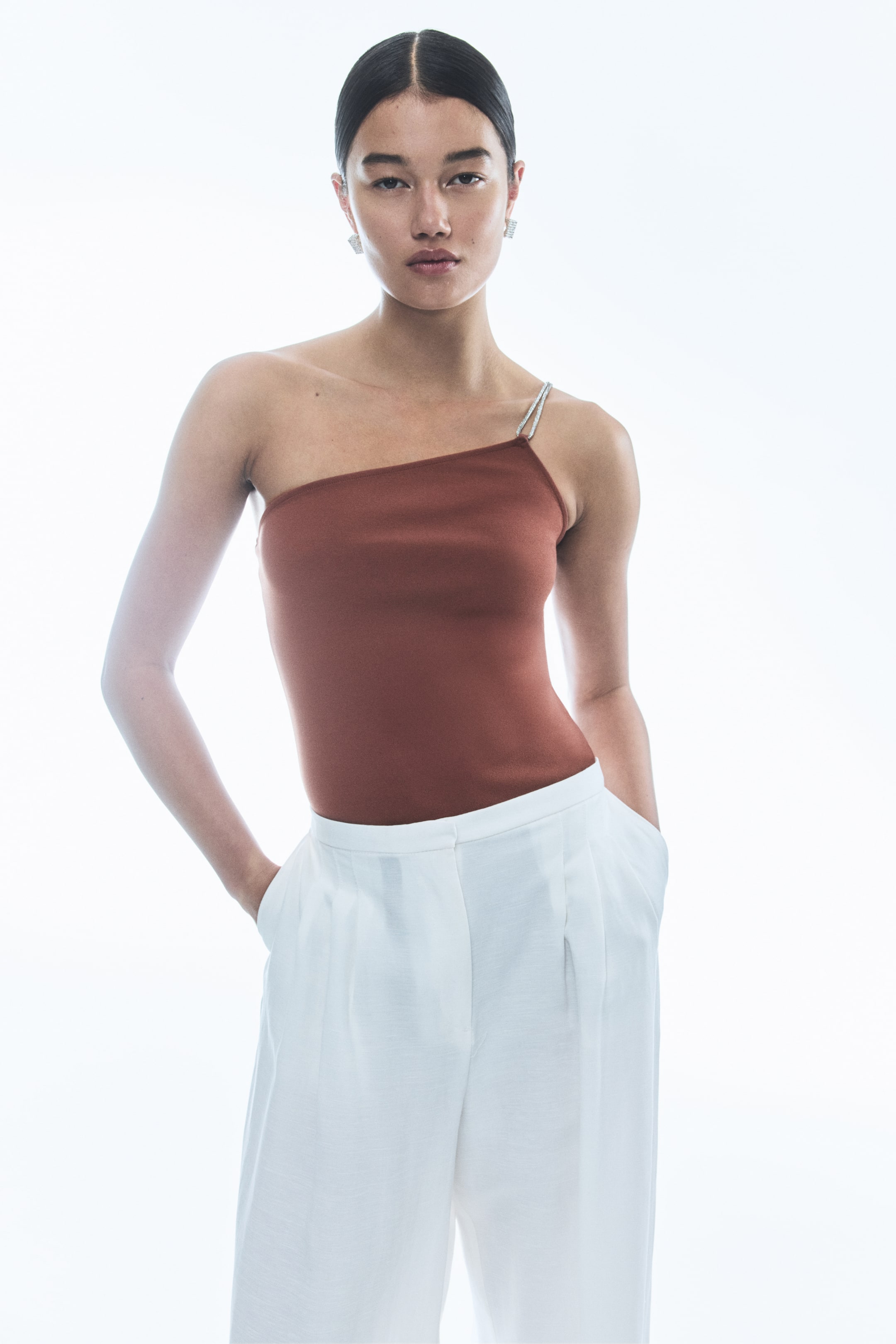 View larger image: Rhinestone Strap One Shoulder Bodysuit - Dusty brown - Ladies | H&M AU 1