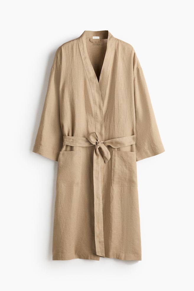 Morgenkåpe i vasket lin - Beige/Lys beige/Sort - 1