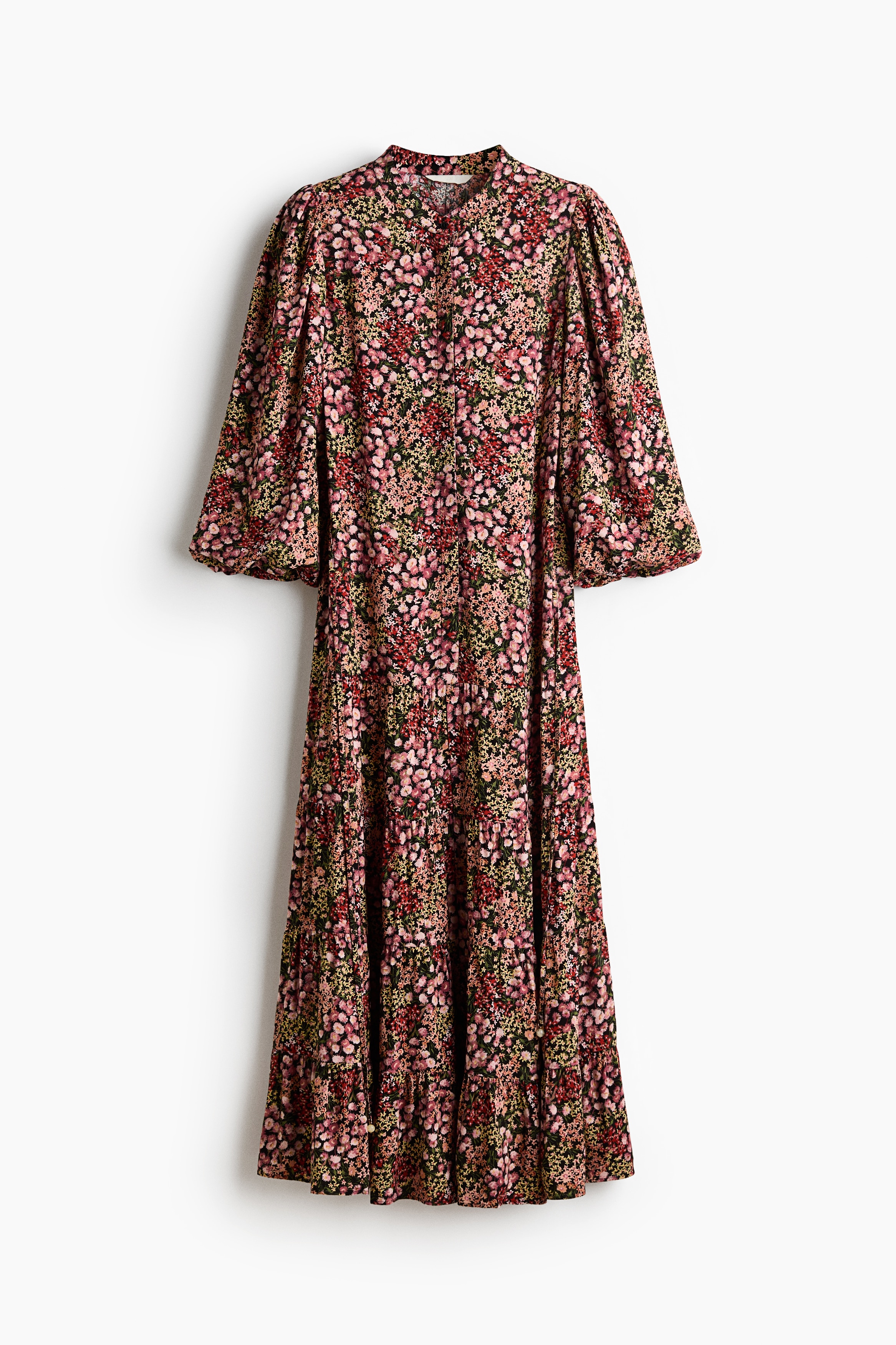 Puff-sleeved viscose dress - Black/Floral/Light blue/Paisley pattern