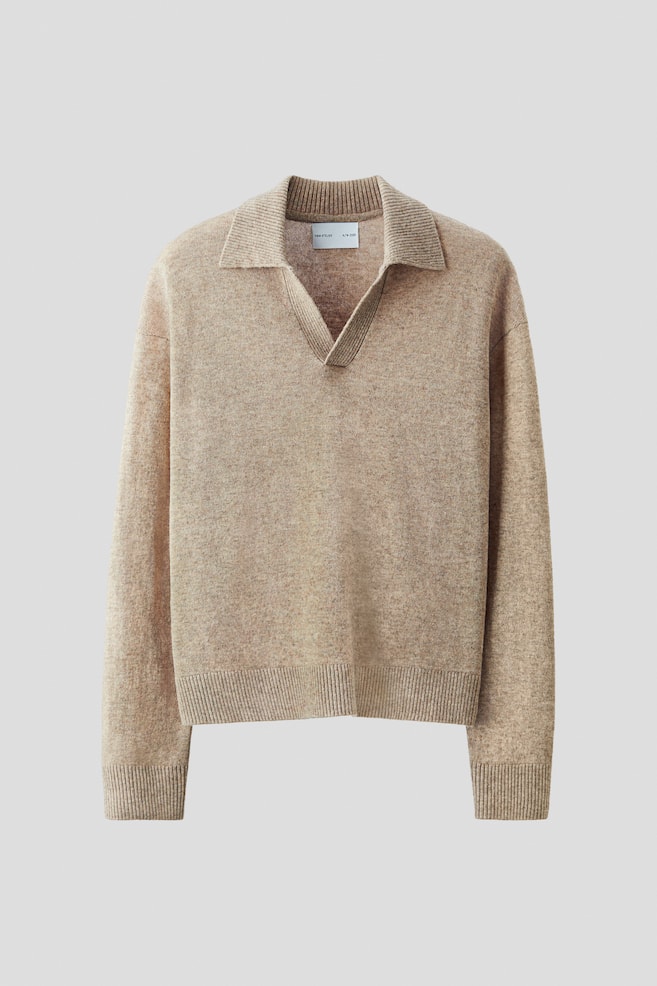 Wool-Blend Polo Sweater - Beige melange/Aqua blue - 1
