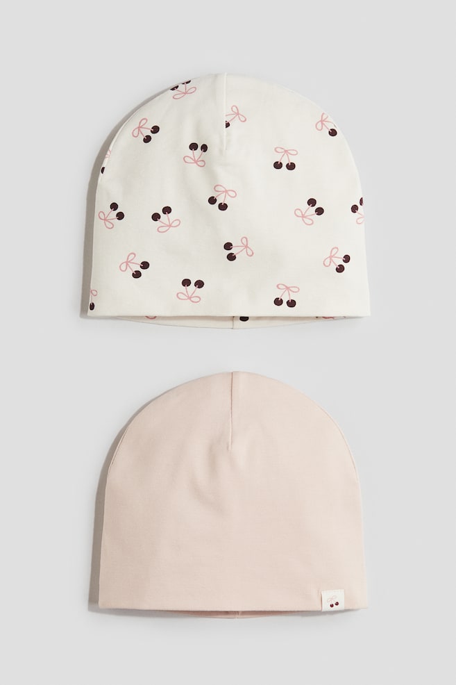 Lot de 2 bonnets en jersey de coton - Rose clair/cerises/Turquoise/fleuri - 1