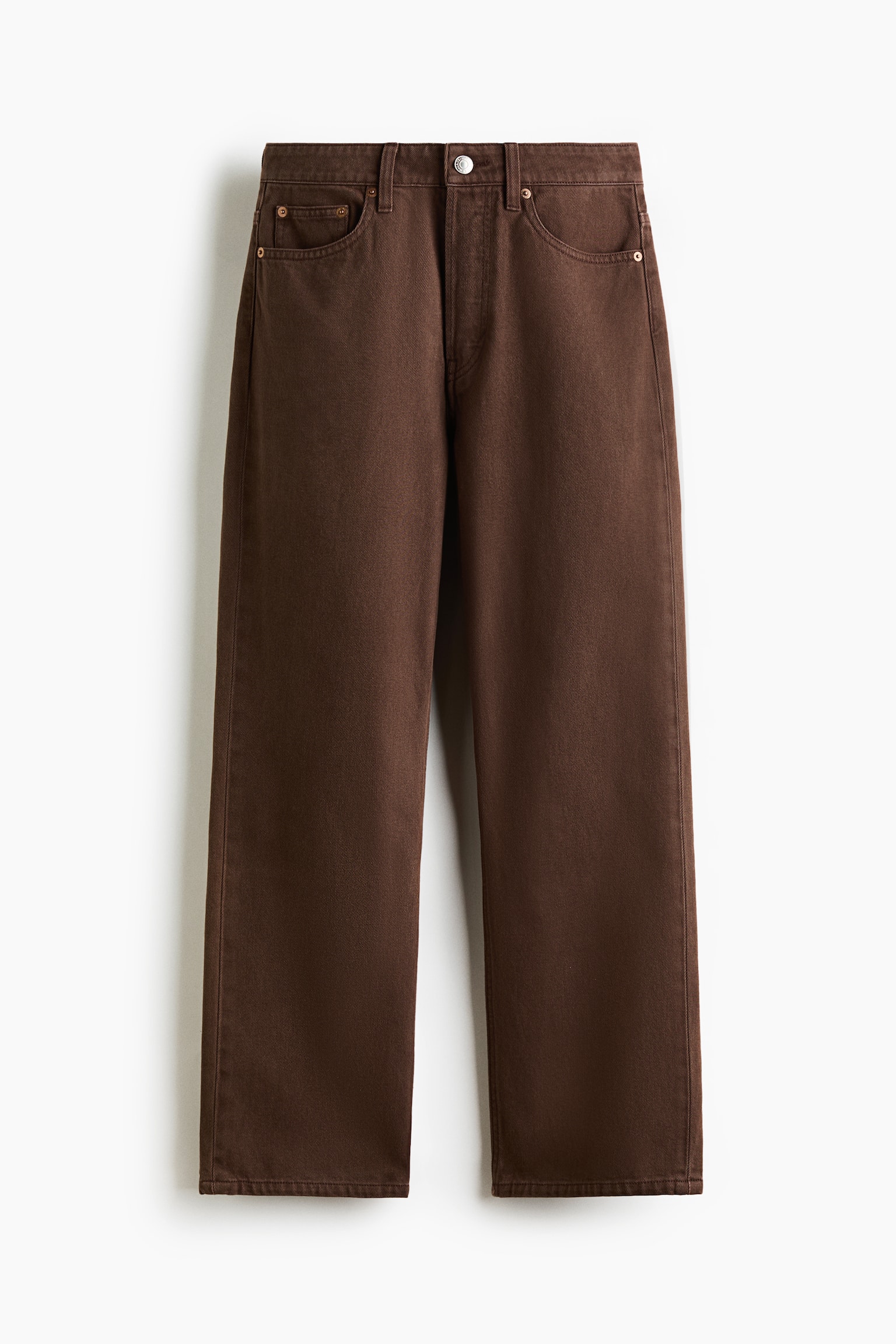 Brown 5-pocket jeans are appearing from the front, showcasing a high waist and a button fly. The jeans are featuring a straight leg that is extending to an ankle length. - 1