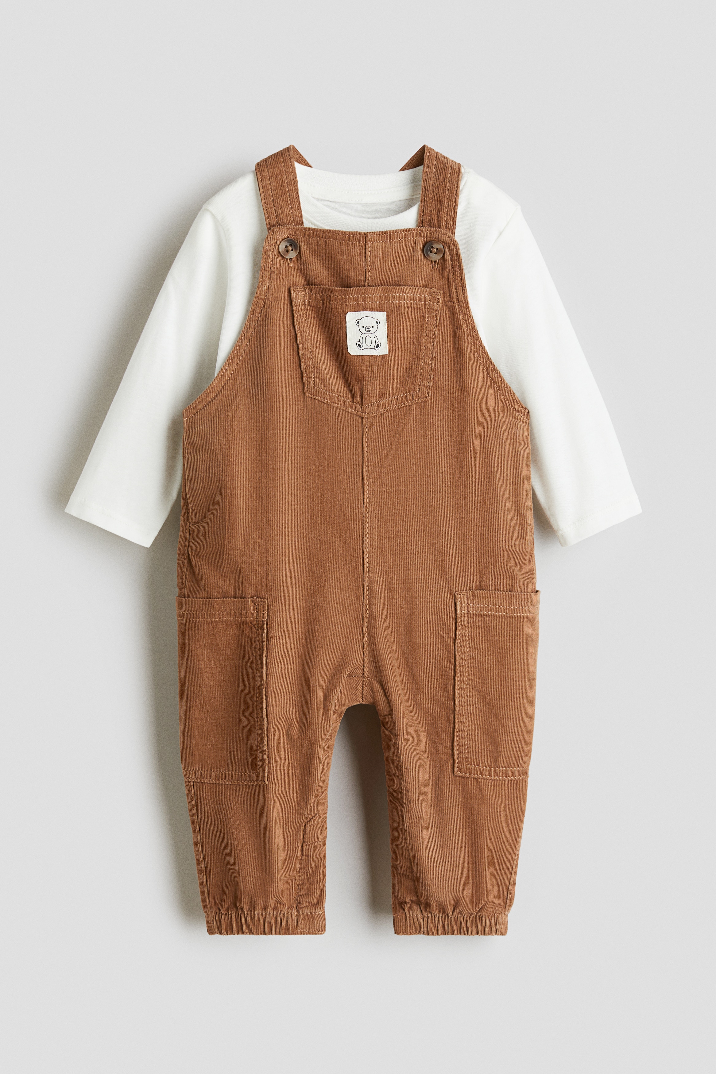 Bébé - 2-piece dungarees and top set Marron clair/blanc - Size: 92 (1½-2Y)  - H&M