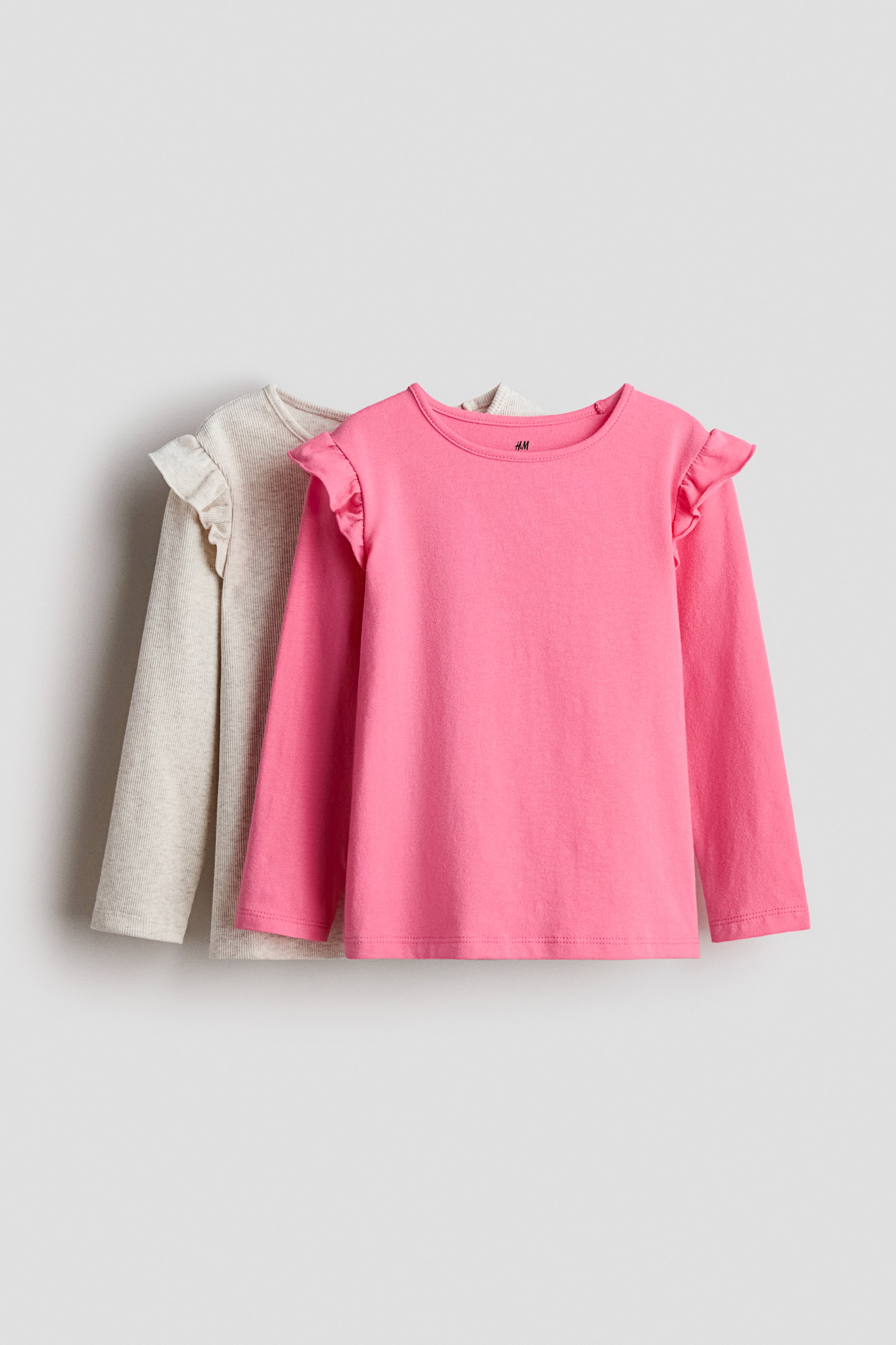 Xem ảnh lớn hơn: Bộ 2 áo jersey viền diềm nhún - Màu be nhạt đốm/Hot pink - Kids | H&M VN 1