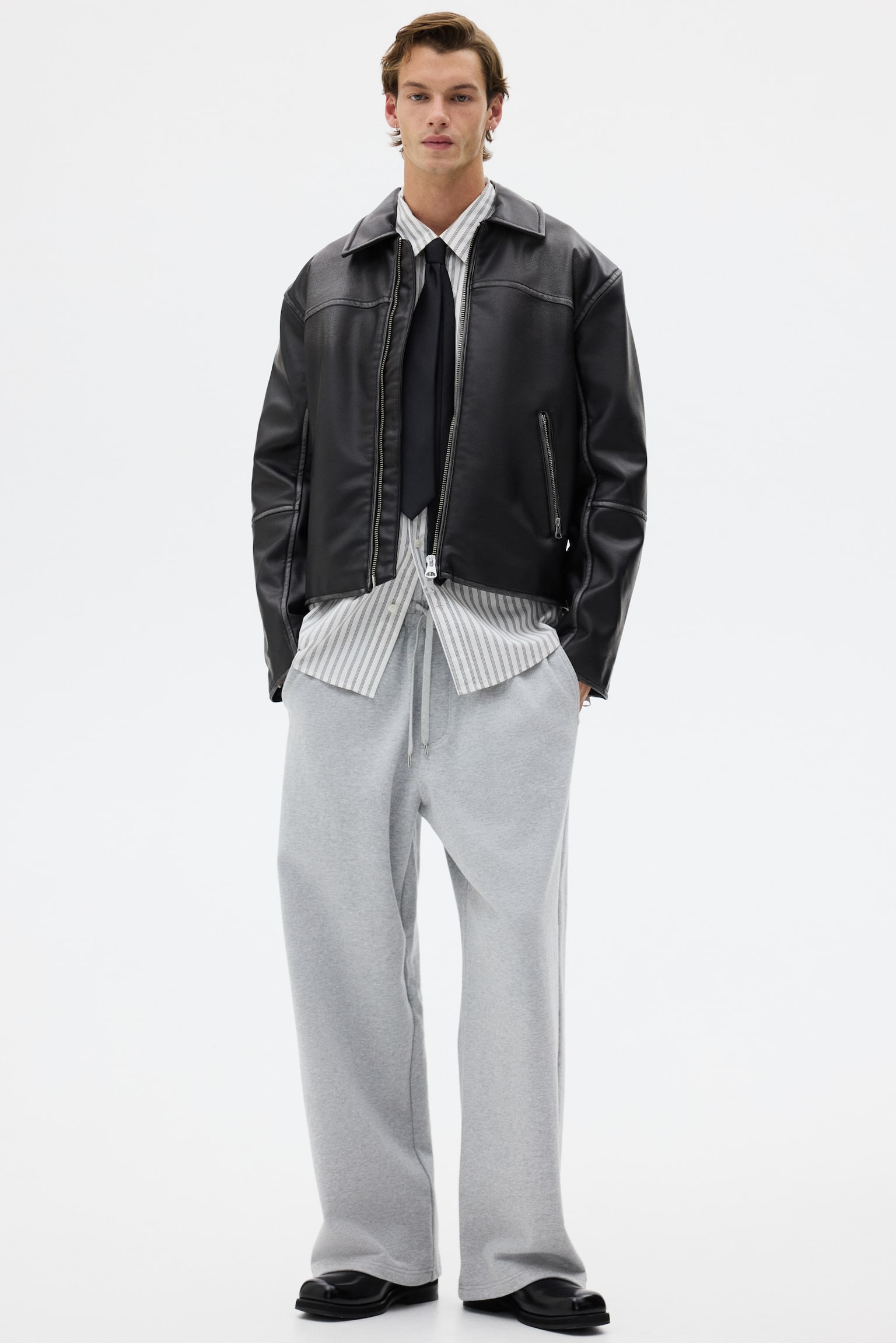 Wide-leg cotton joggers - Light grey marl/Black/Dark beige - 1