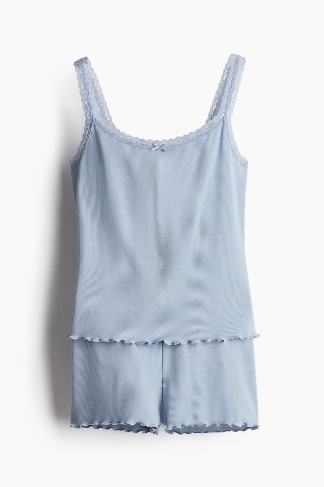 Ribbed pyjamas - Light dusty blue/Powder pink/Cream/Pink floral - 1