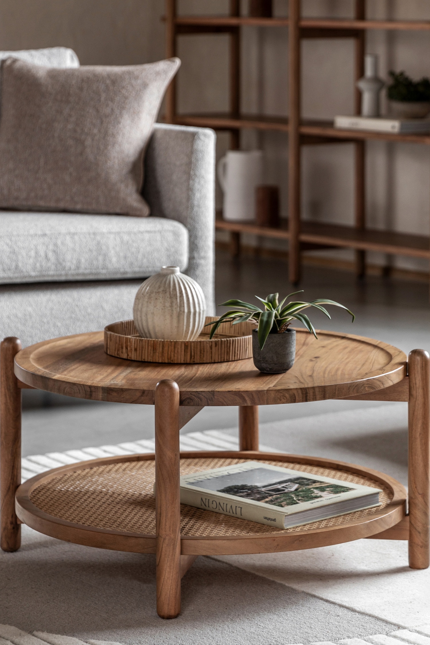 Acacia Wood Coffee Table With Rattan Shelf - Natural