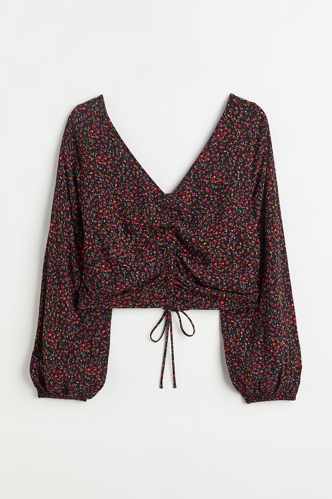 H&M+ Drawstring-front crêpe blouse - Black/Small flowers/Red/Floral - 2