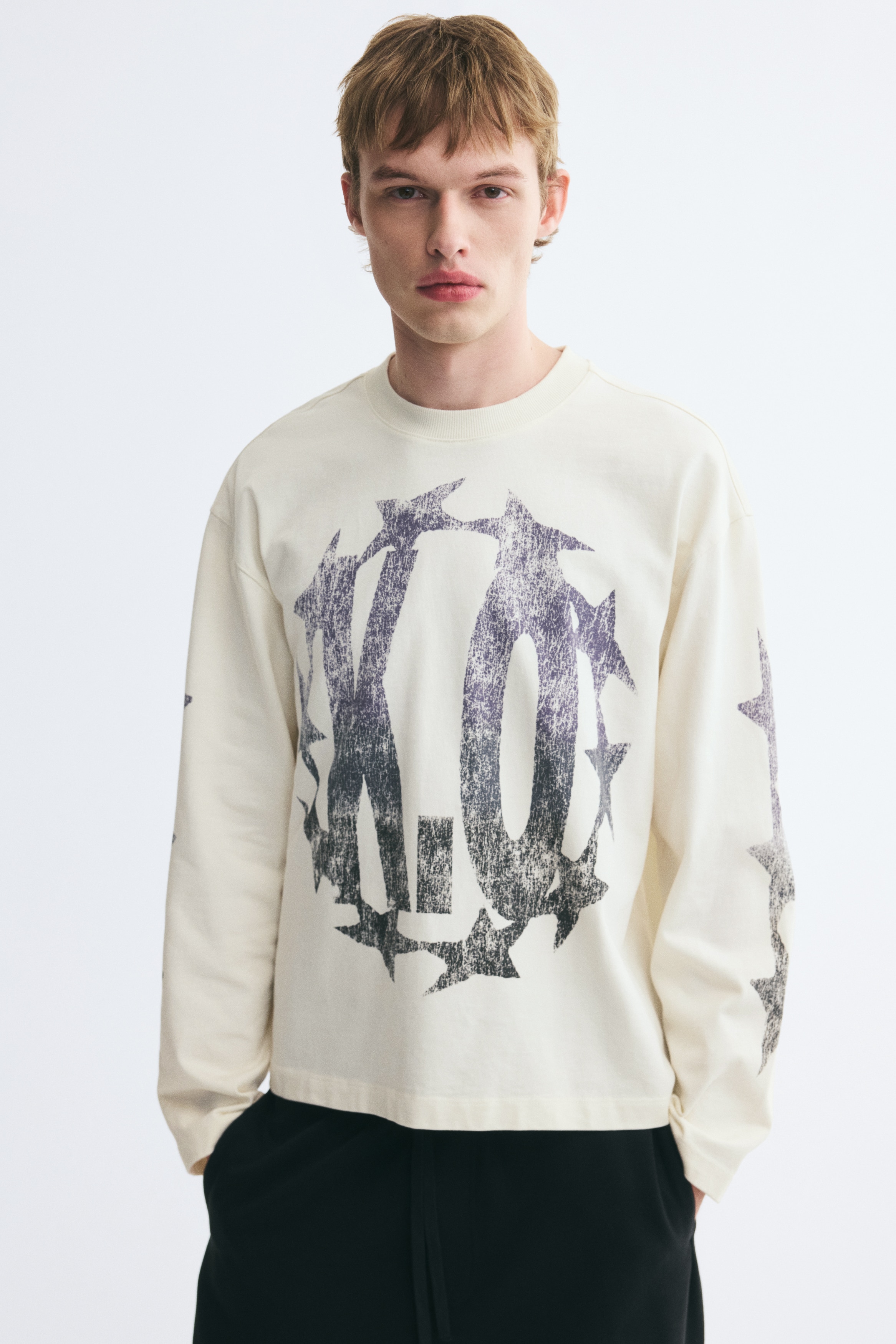 Relaxed Fit Long-sleeved T-shirt - Cream/K.O/Black