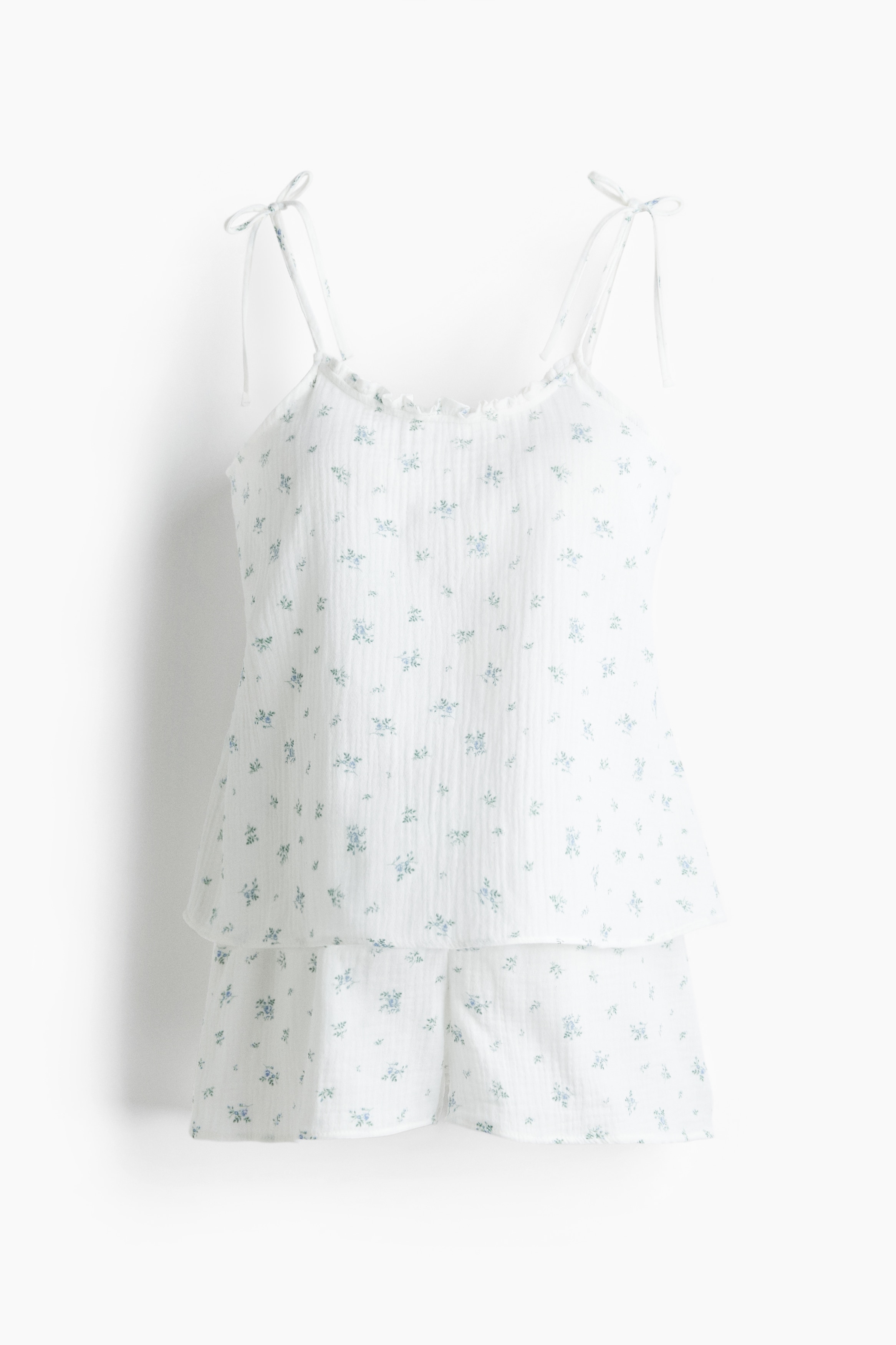 MAMA Pamuklu Muslin Pijama Takımı - Beyaz/Çiçekli/Beyaz/Açık mavi çizgili