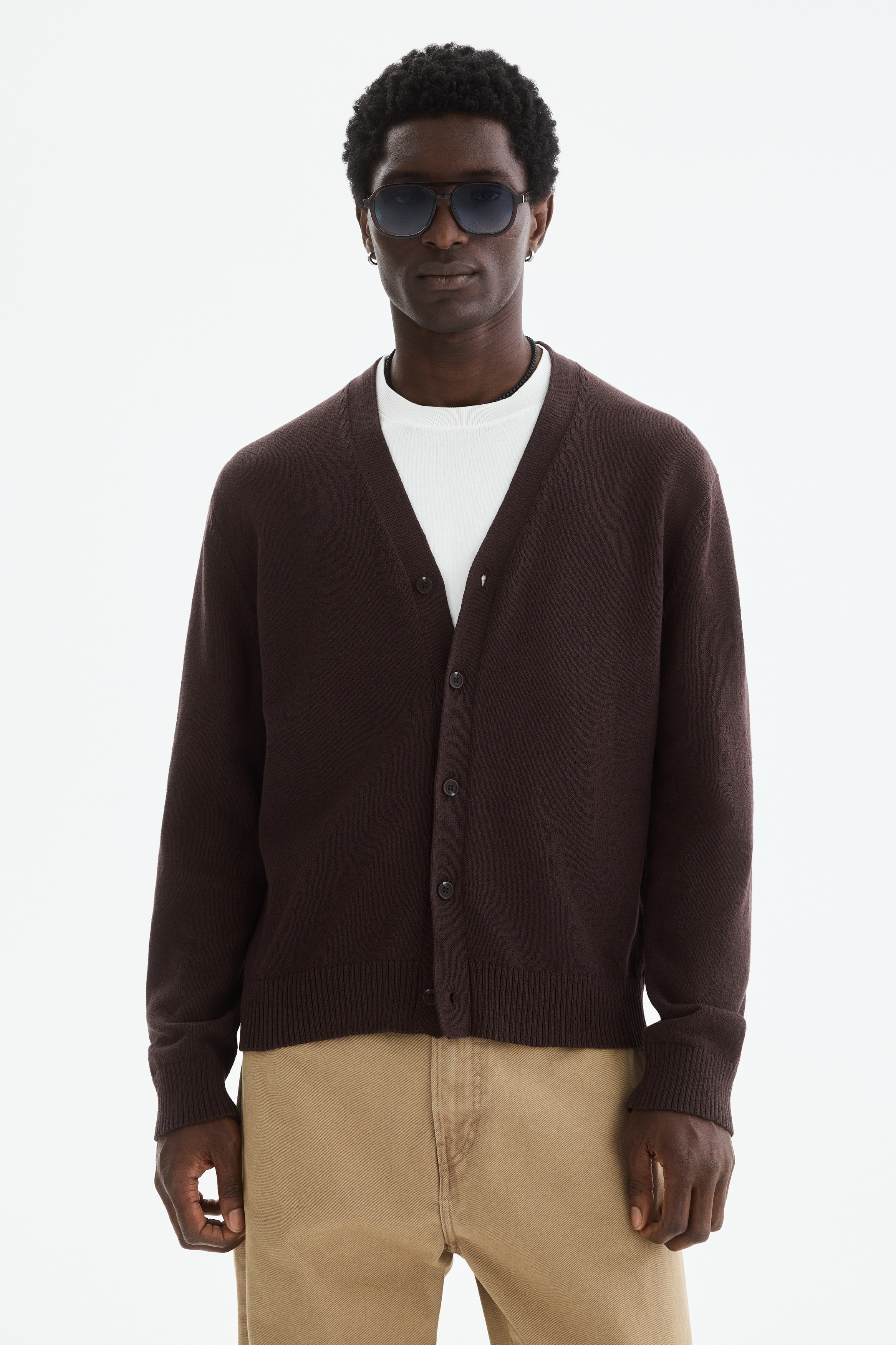 Relaxed Fit Cardigan - Dark brown/Beige