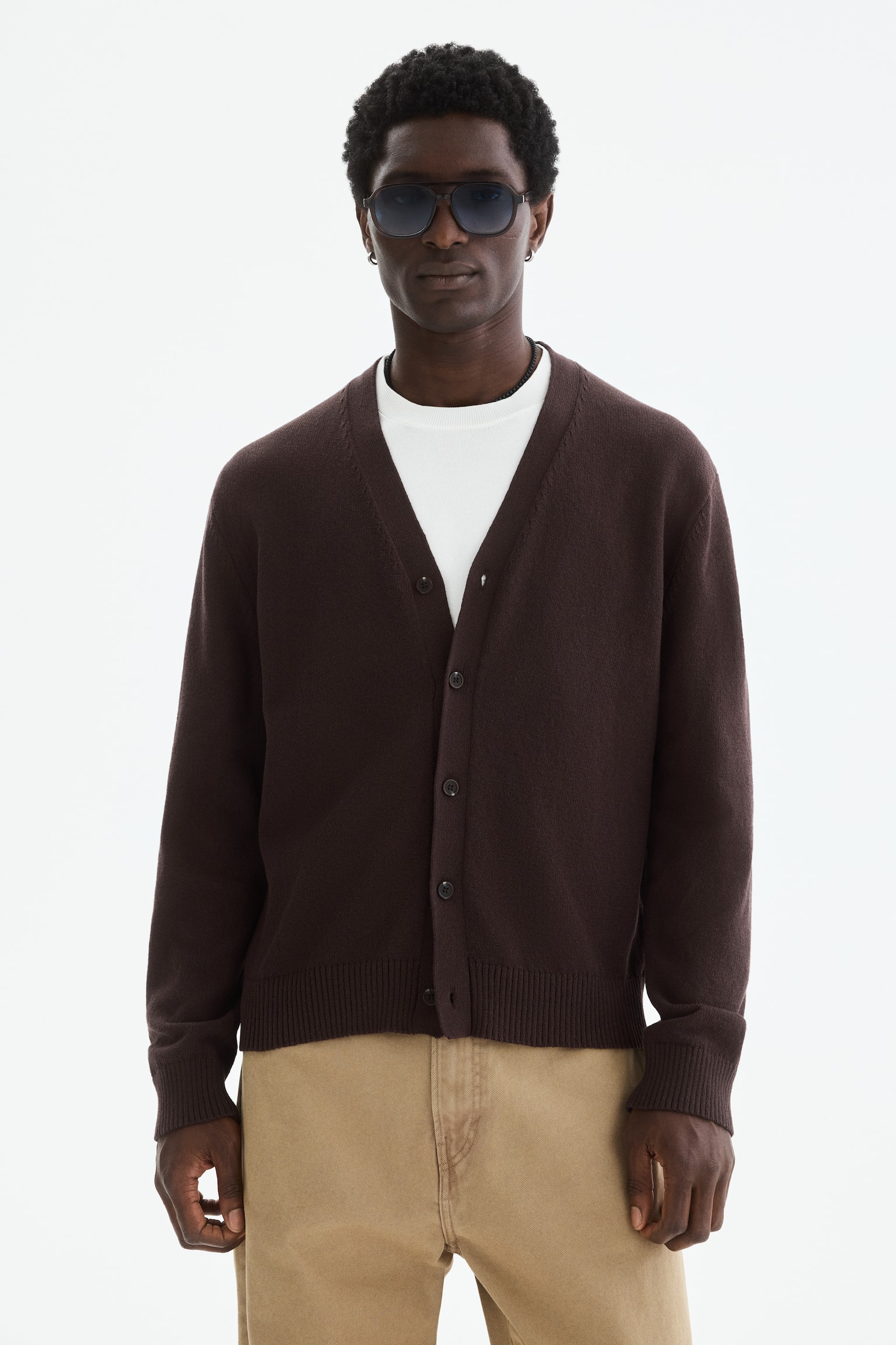 Relaxed Fit Cardigan - Dark brown/Beige - 1