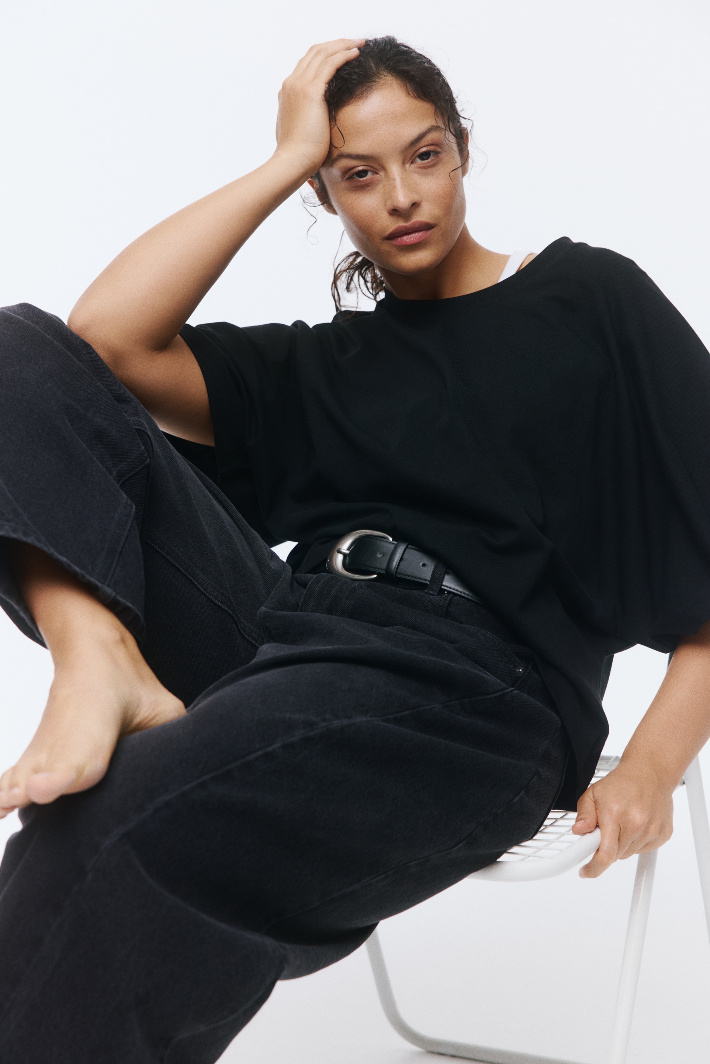 T-shirt avec manches chauve-souris - Noir/Vert kaki foncé/Ivoire