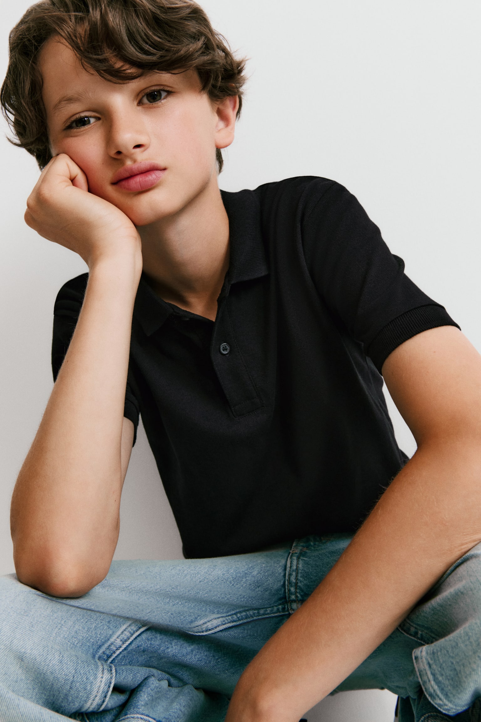 Детское поло H&M Cotton Piqué Polo Shirt, цвет: Чёрный — фото 3