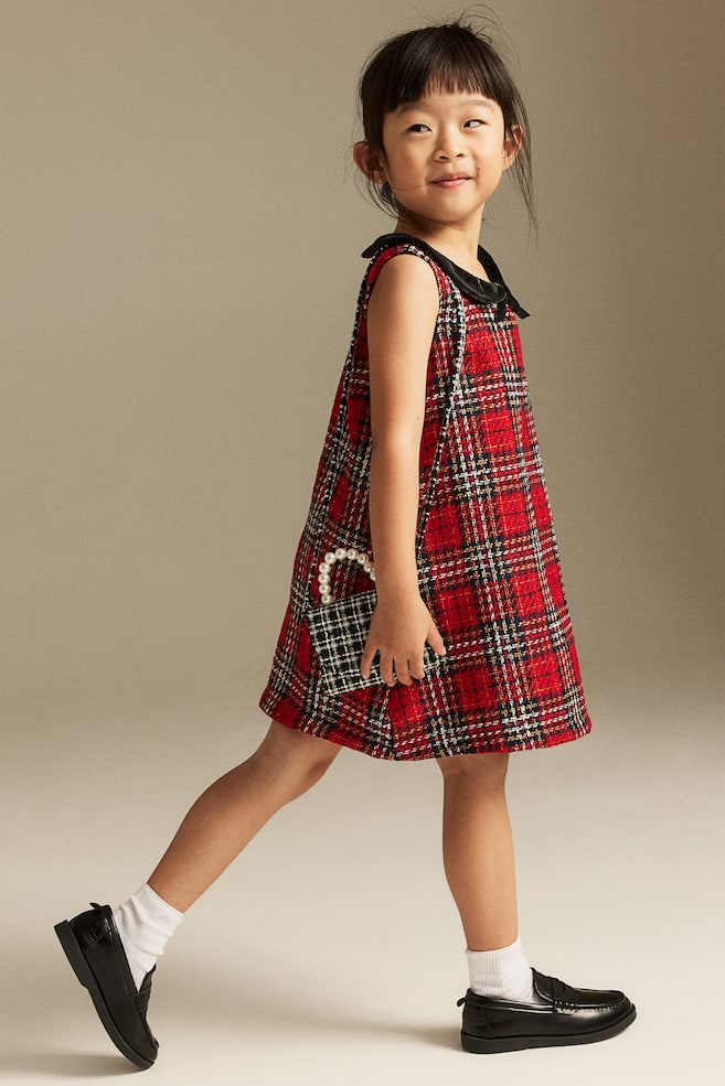Collared A-line dress - Red/Checked - 3