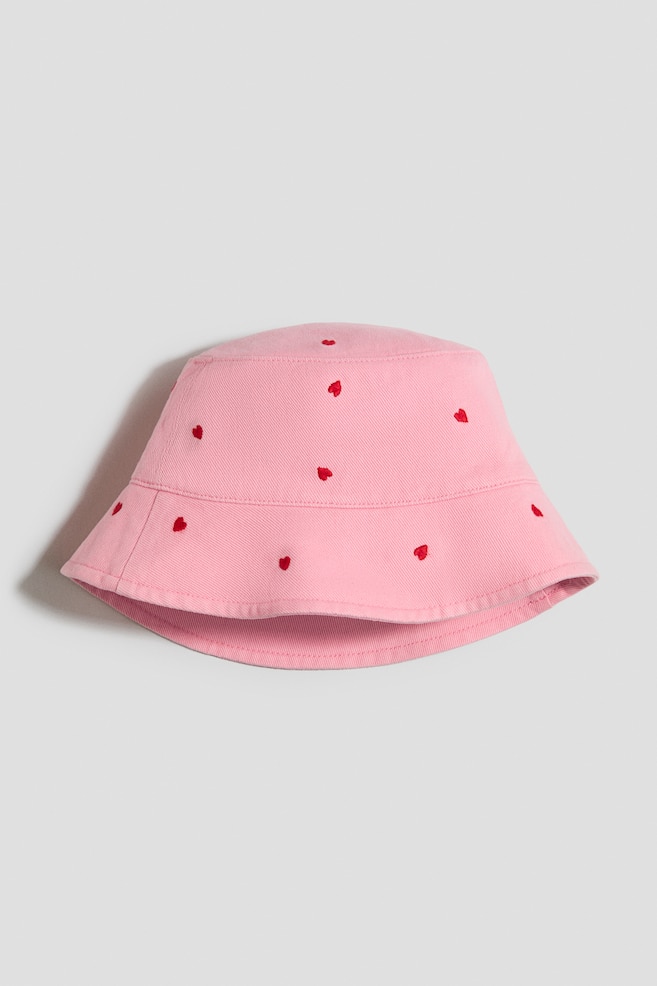 Embroidered Twill Bucket Hat - Pink/hearts - 1