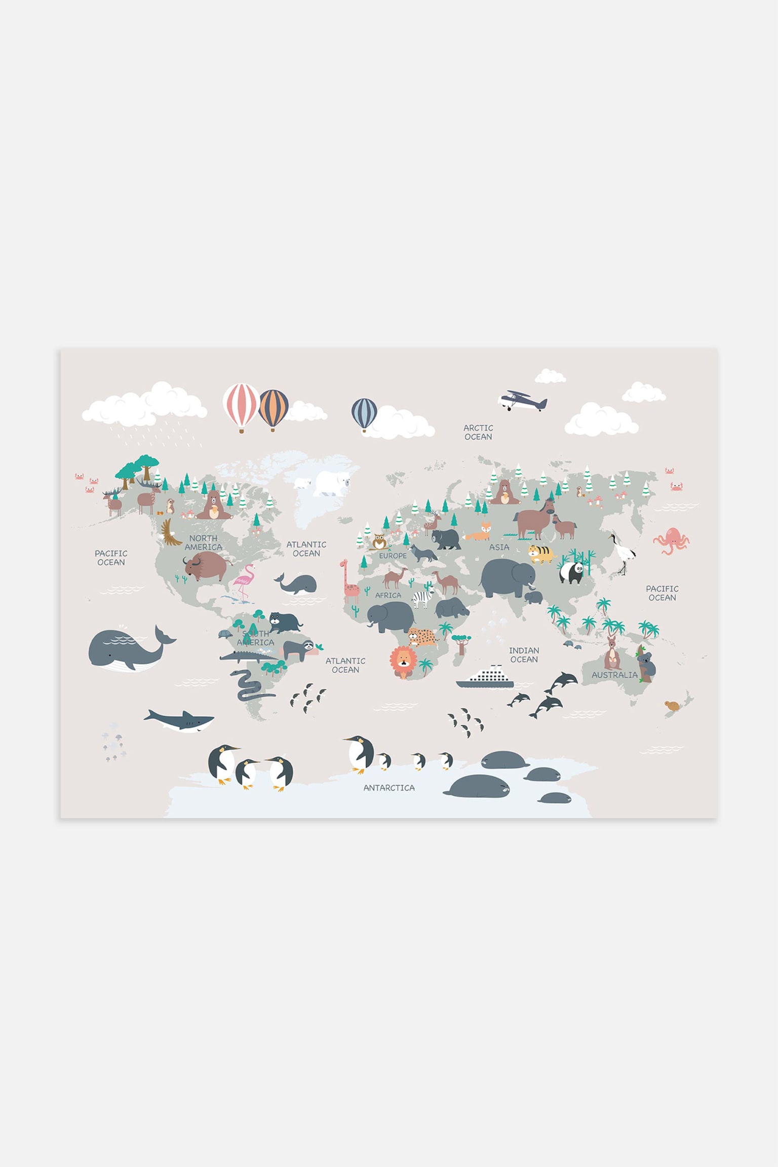 Animal World Map Beige Poster - Beige - 1