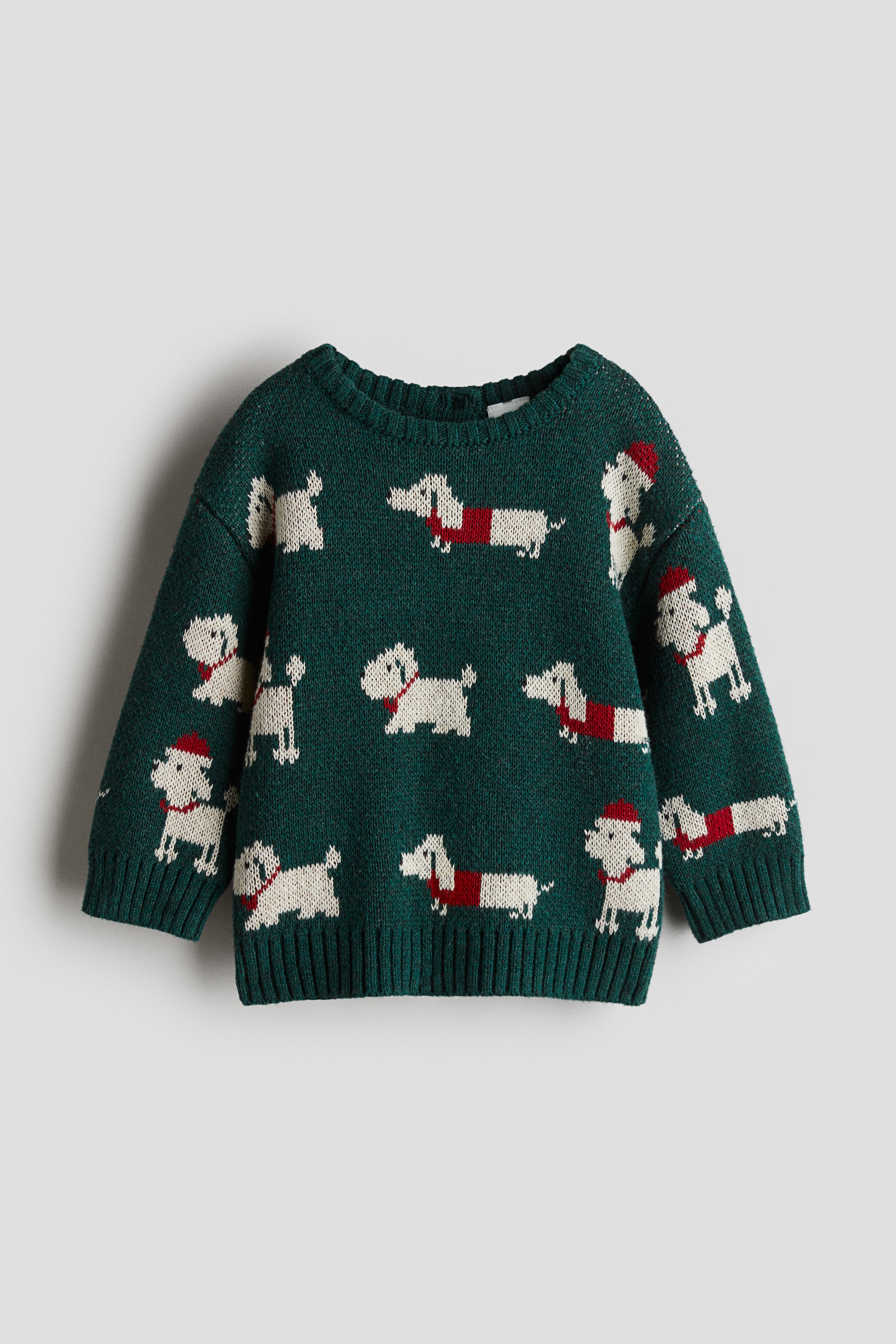 Pull jacquard en coton - Vert foncé/chiens
