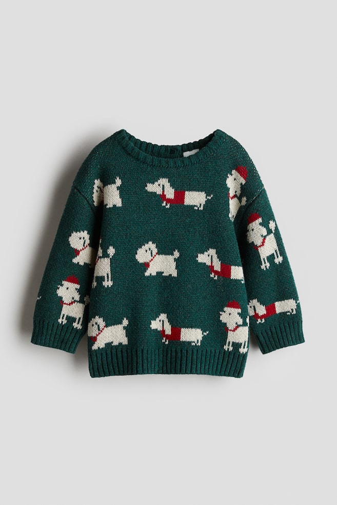 Jacquard-knit cotton jumper - Dark green/Dogs - 1