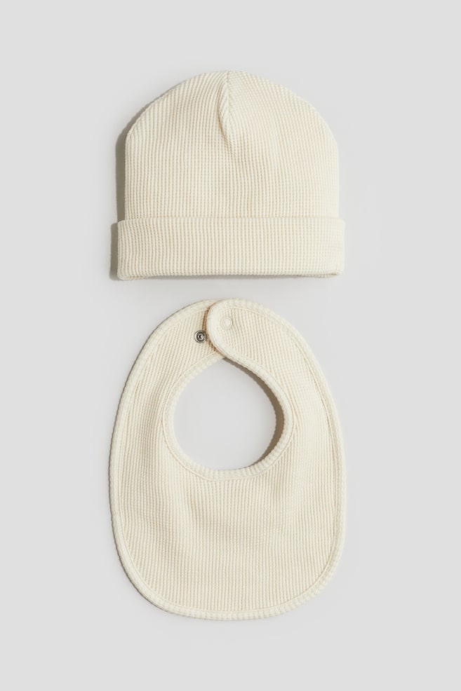 2-piece waffled beanie and bib set - Cream - 1