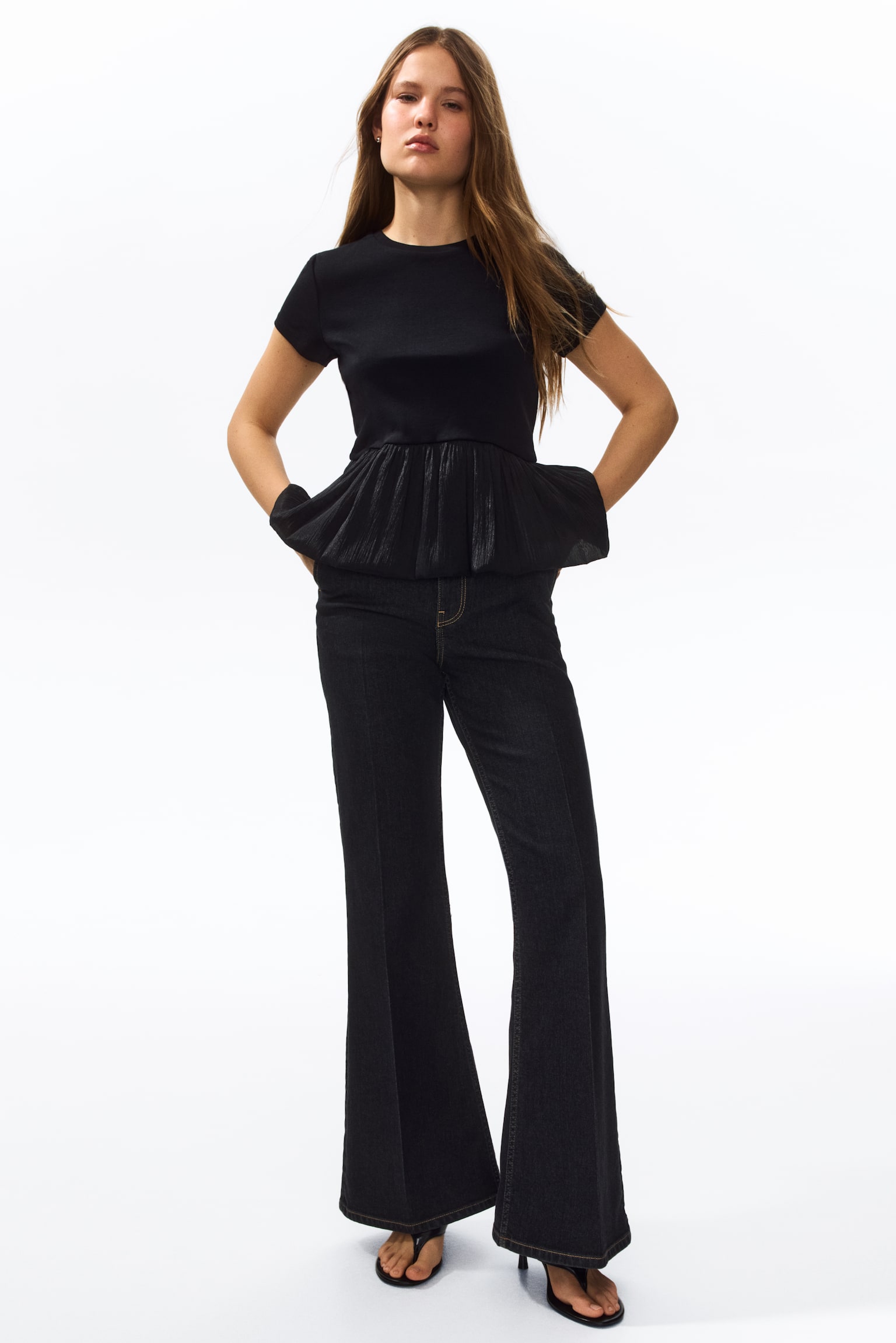 Bootcut High Waist Jeans - Tvättad svart/Ljusbeige - 1
