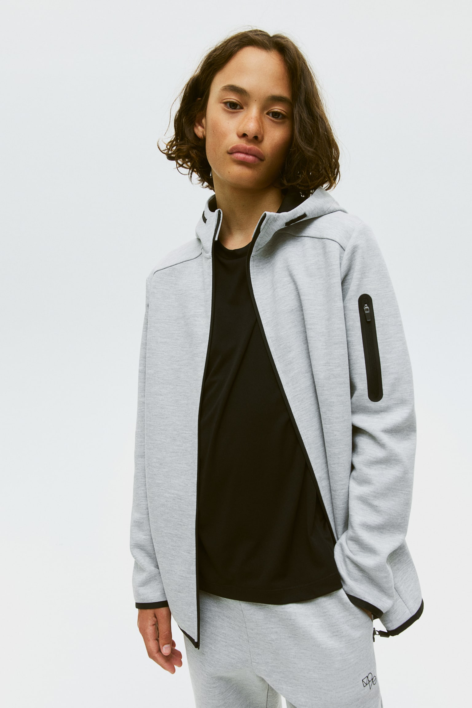 Zip Up Activewear Hoodie - Light grey marle/Dark grey marle/Black/Light khaki green - 1