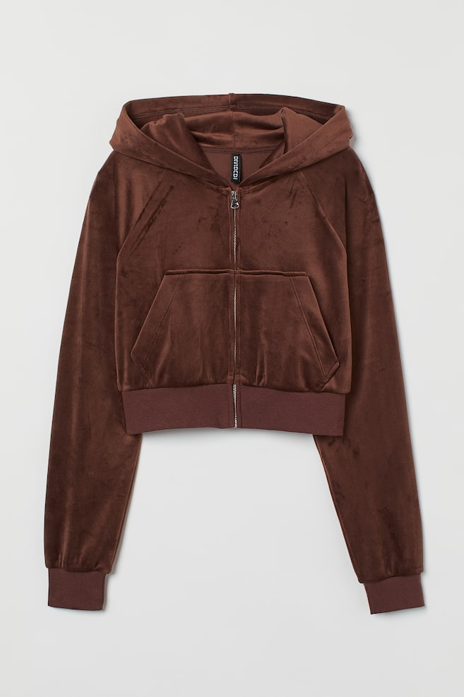 Cropped velour hoodie - Brown - 1