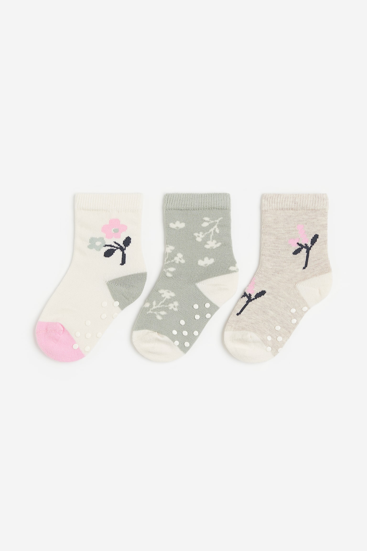 3-pack anti-slip socks - Dusty green/Floral/Beige/Teddy bear/Black/Cat/Dusty pink/Spotted/Dark green/Team Dino - 1