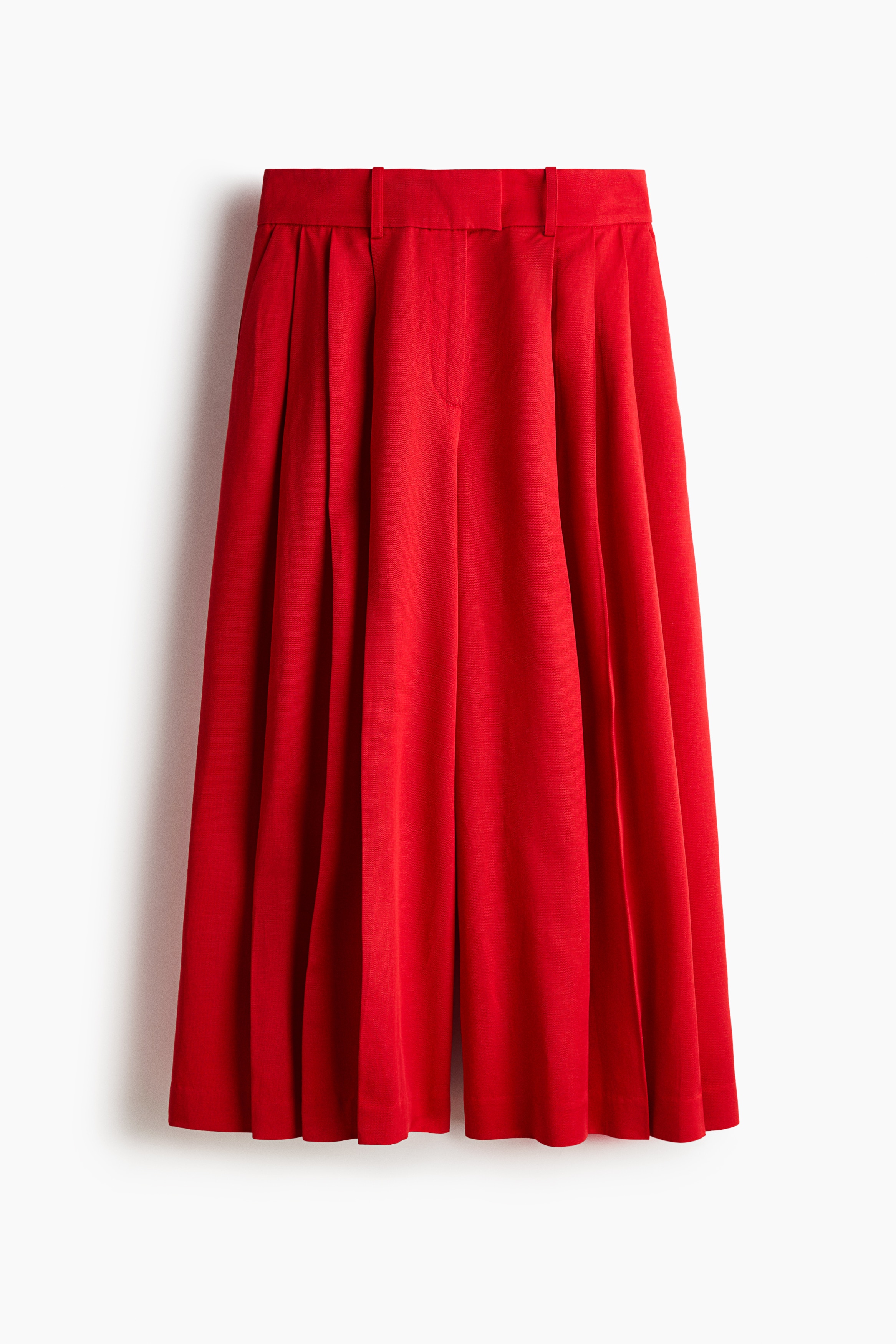 Keten Karışımlı ve Önü Pileli Culotte Pantolon - Kırmızı