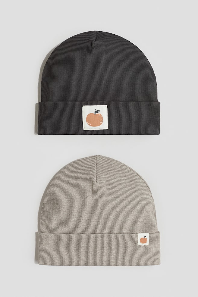 2-pack cotton beanies - Dark grey/Beige/Dusty pink/Floral/White/Cherries/White/Floral/Dark beige/Cream - 1