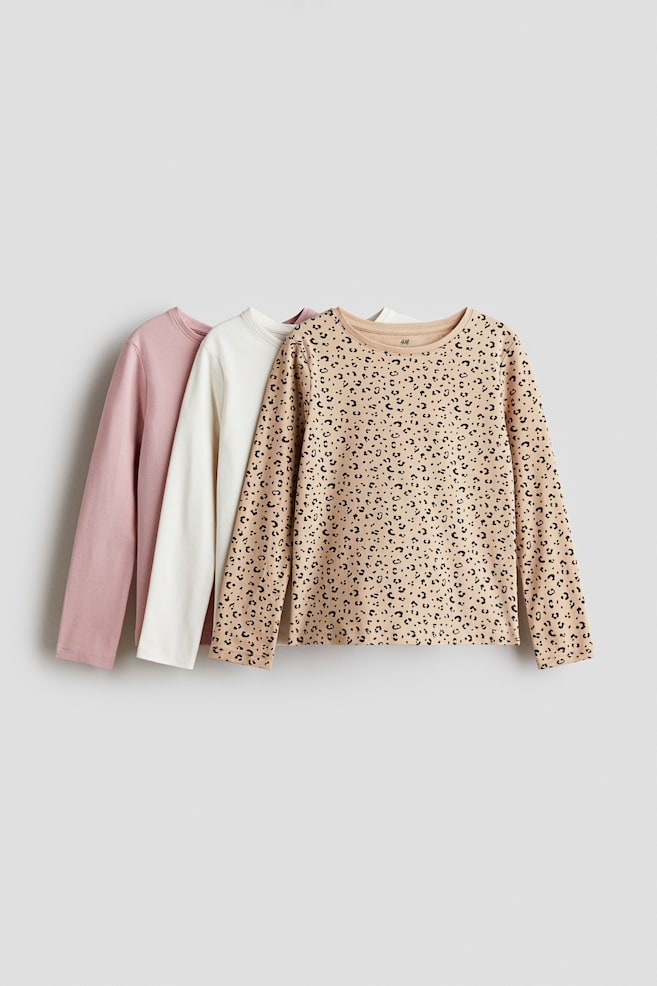 3-pack långärmad tröja - Ljusbeige/Leopardmönstrad/Vit/Gråmelerad/Svart - 1