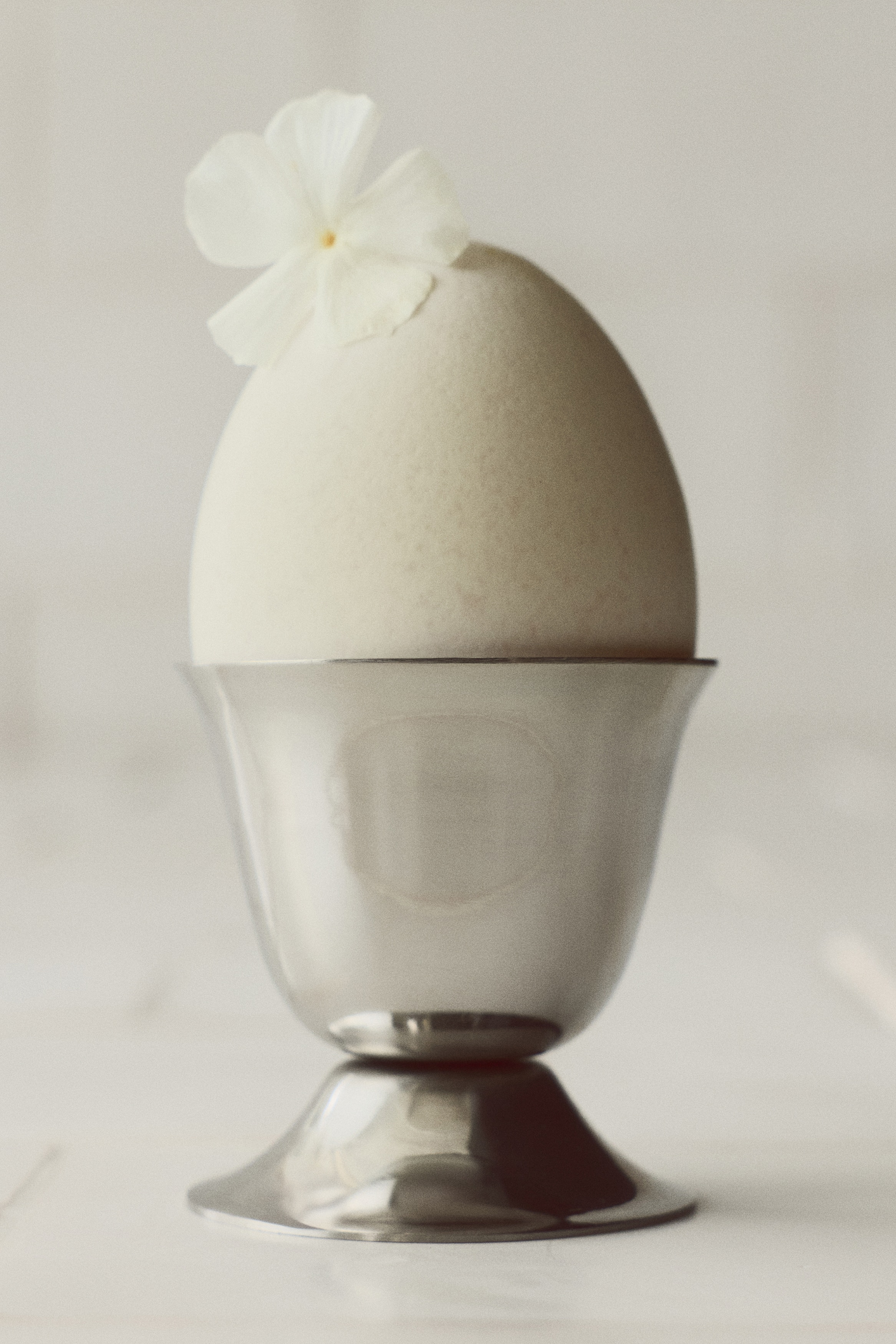 A pair of stainless steel egg cups is presented, each featuring a rounded cup and a flared, circular base.