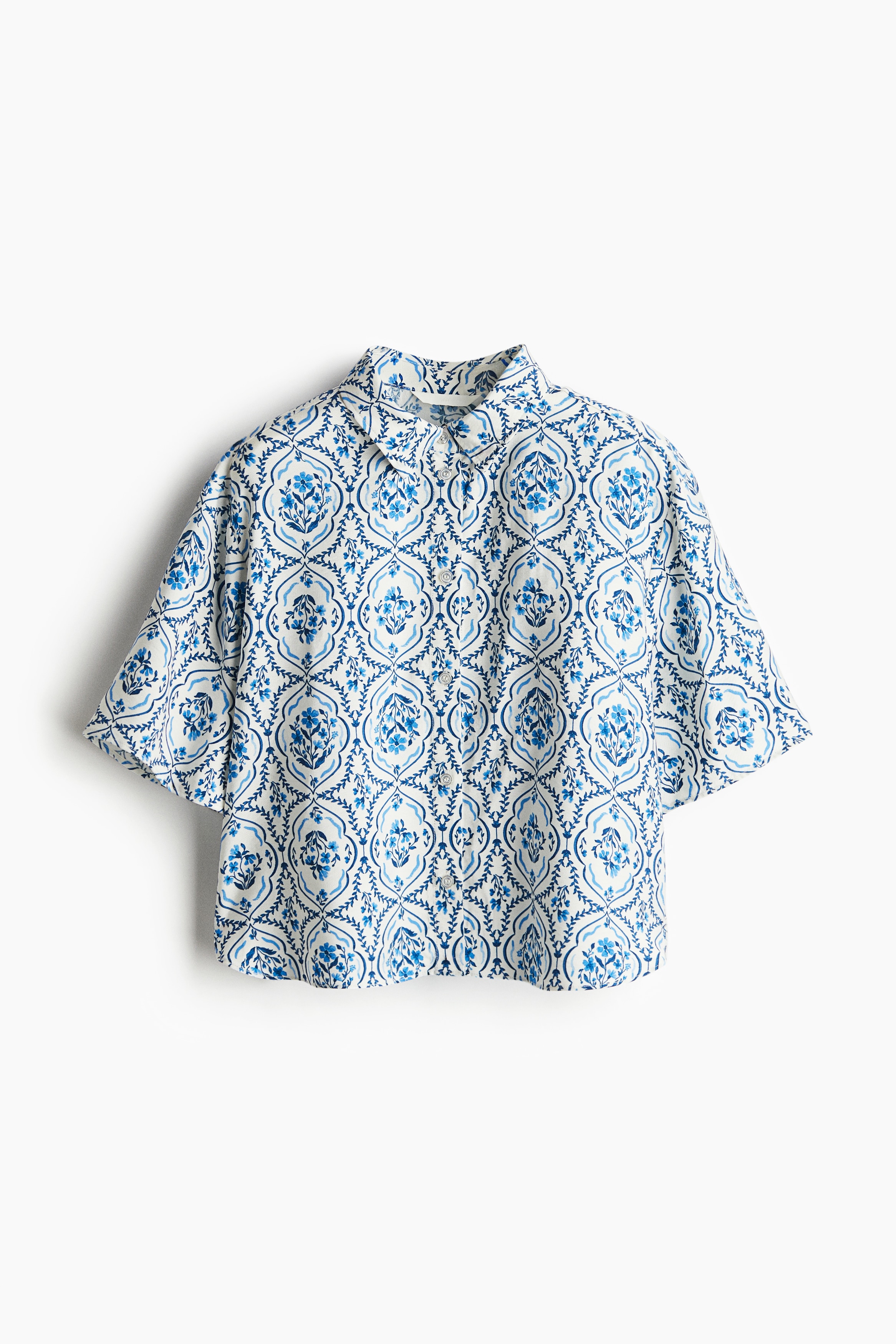 Kurzarmbluse aus Twill - Weiß/Blau gemustert