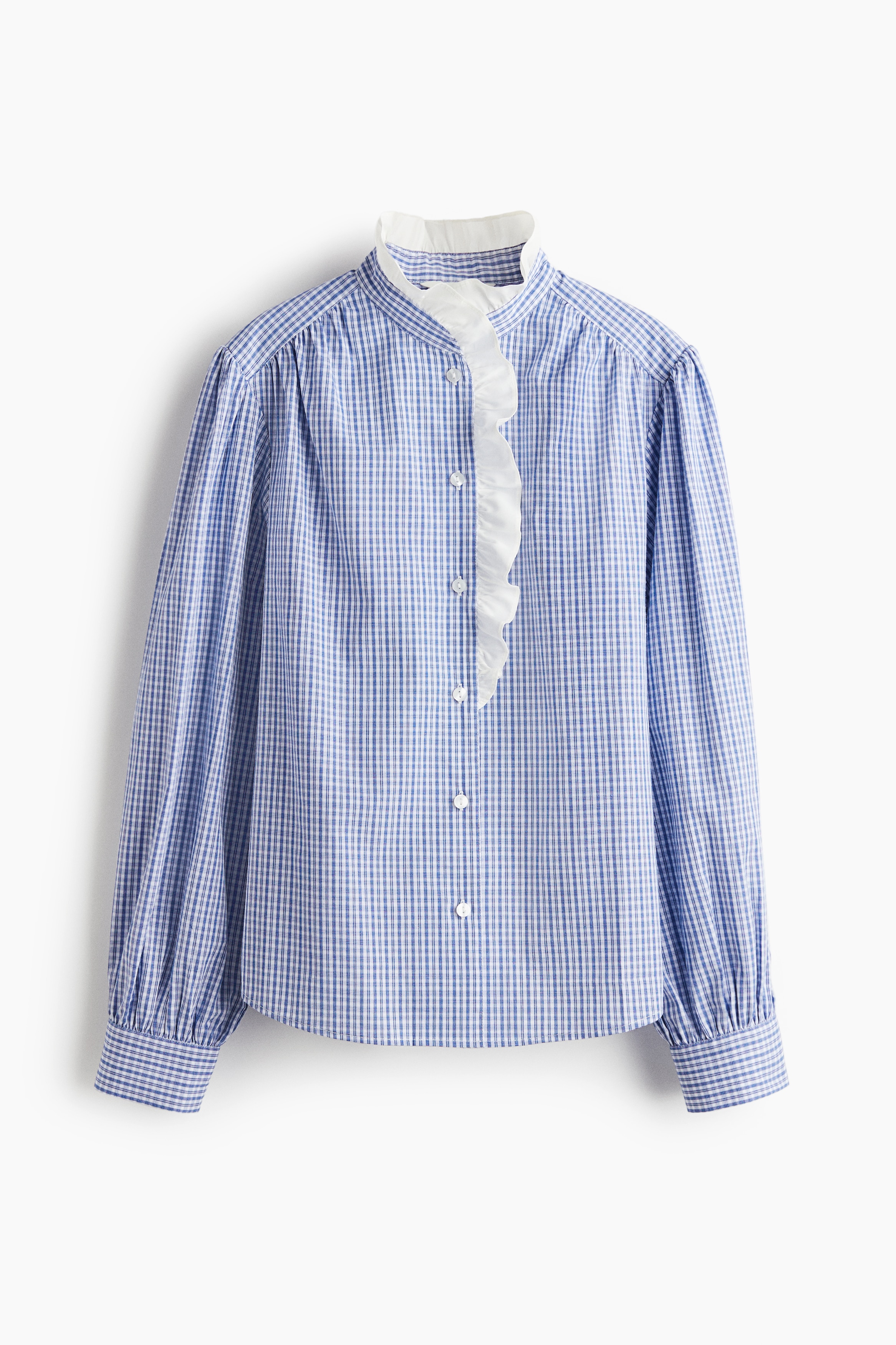 Frill-trimmed poplin blouse - Blue/Checked