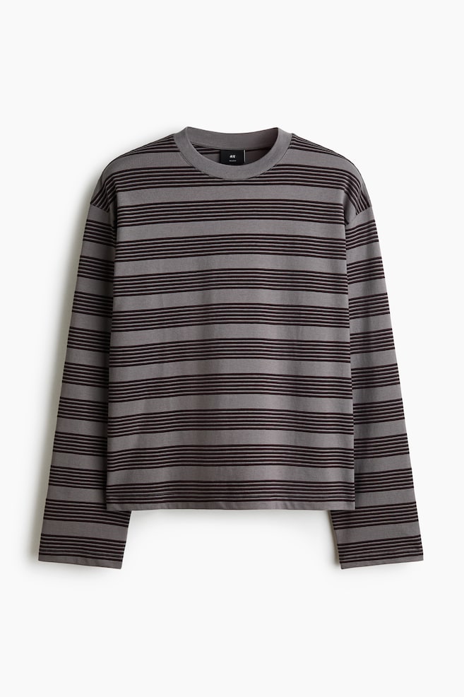 Boxy T-shirt med lange ærmer Relaxed Fit - Grå/Stribet/Støvet grøn/Stribet - 1