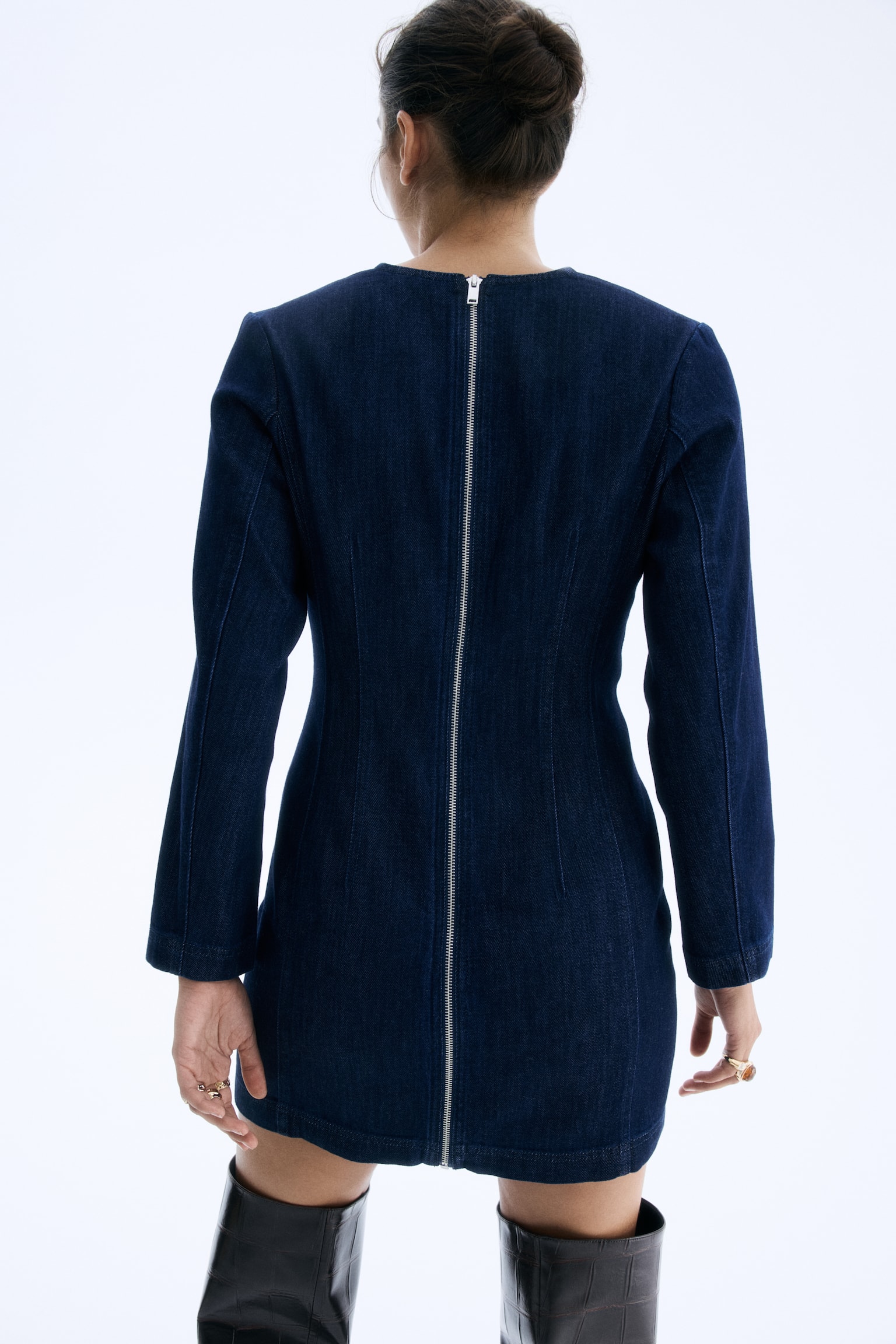 Robe à encolure en V en denim - Bleu denim foncé - 4
