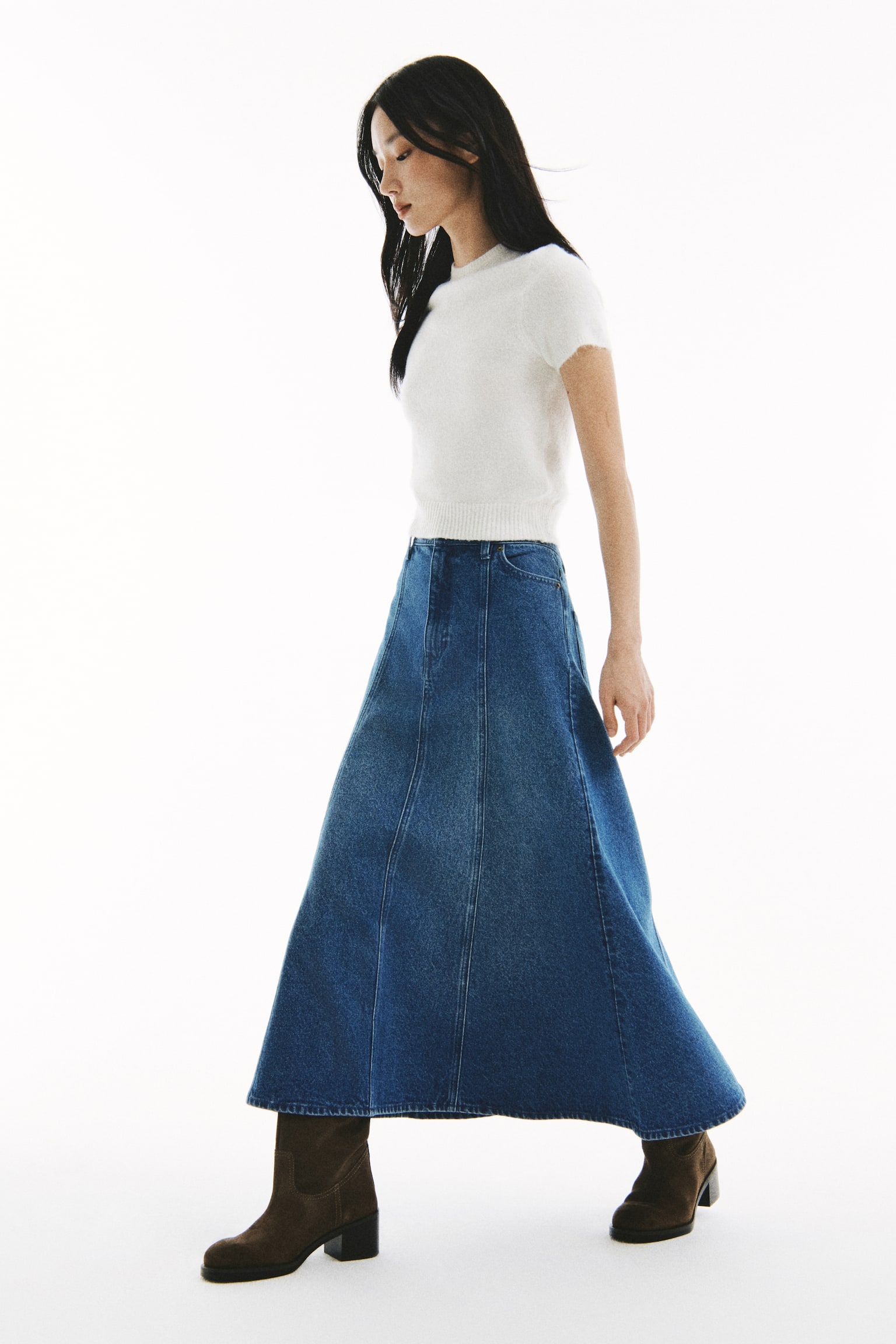 Chân váy xoè vải dệt chéo - Màu xanh denim/Màu hồng phấn - 4