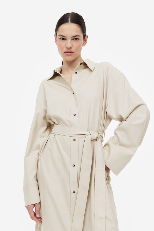 Skjortekjole i silke - Lys beige/Hvid - 4