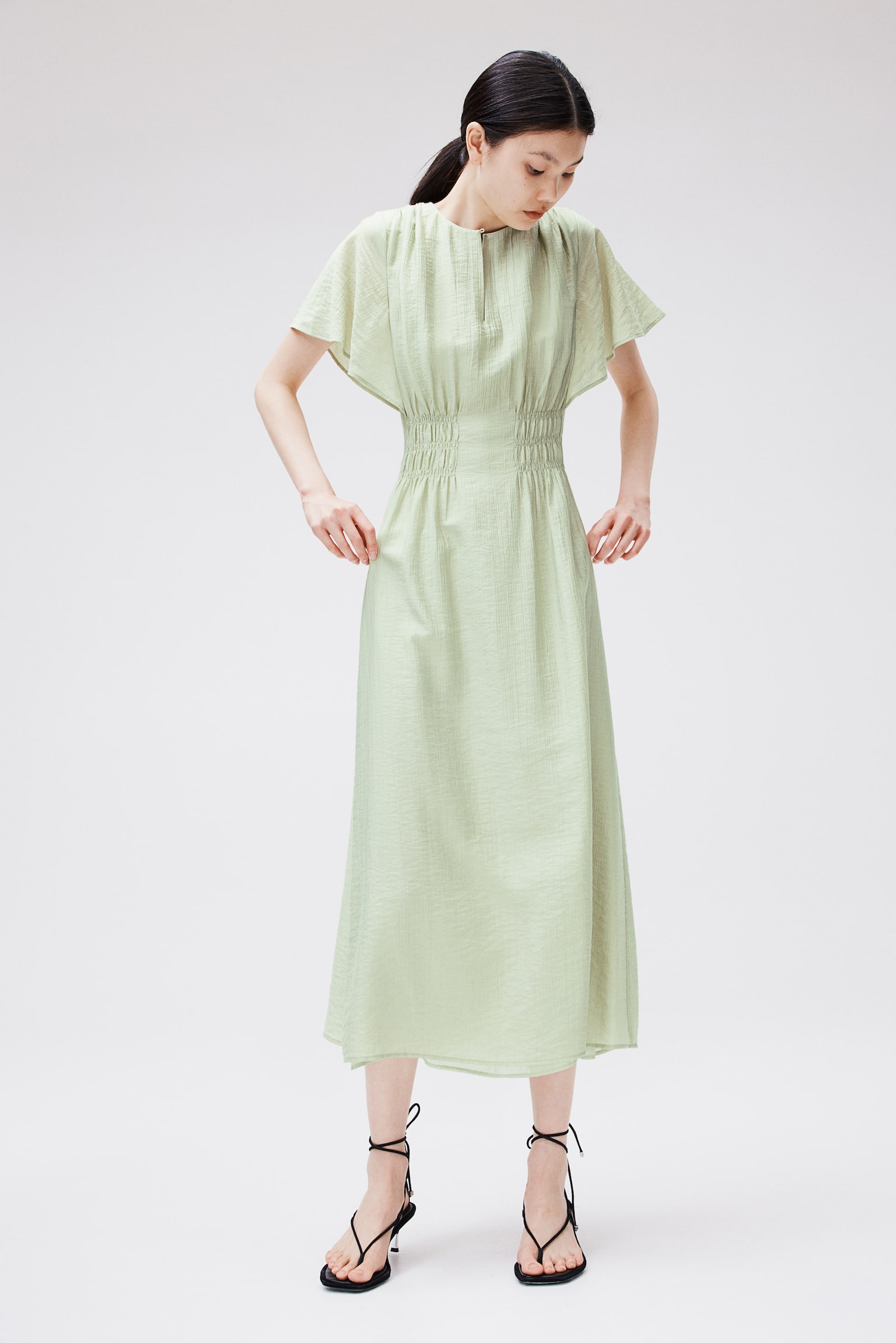 Long Smock Waist Dress - Pistachio green/Black/Light pink/Cream - 3